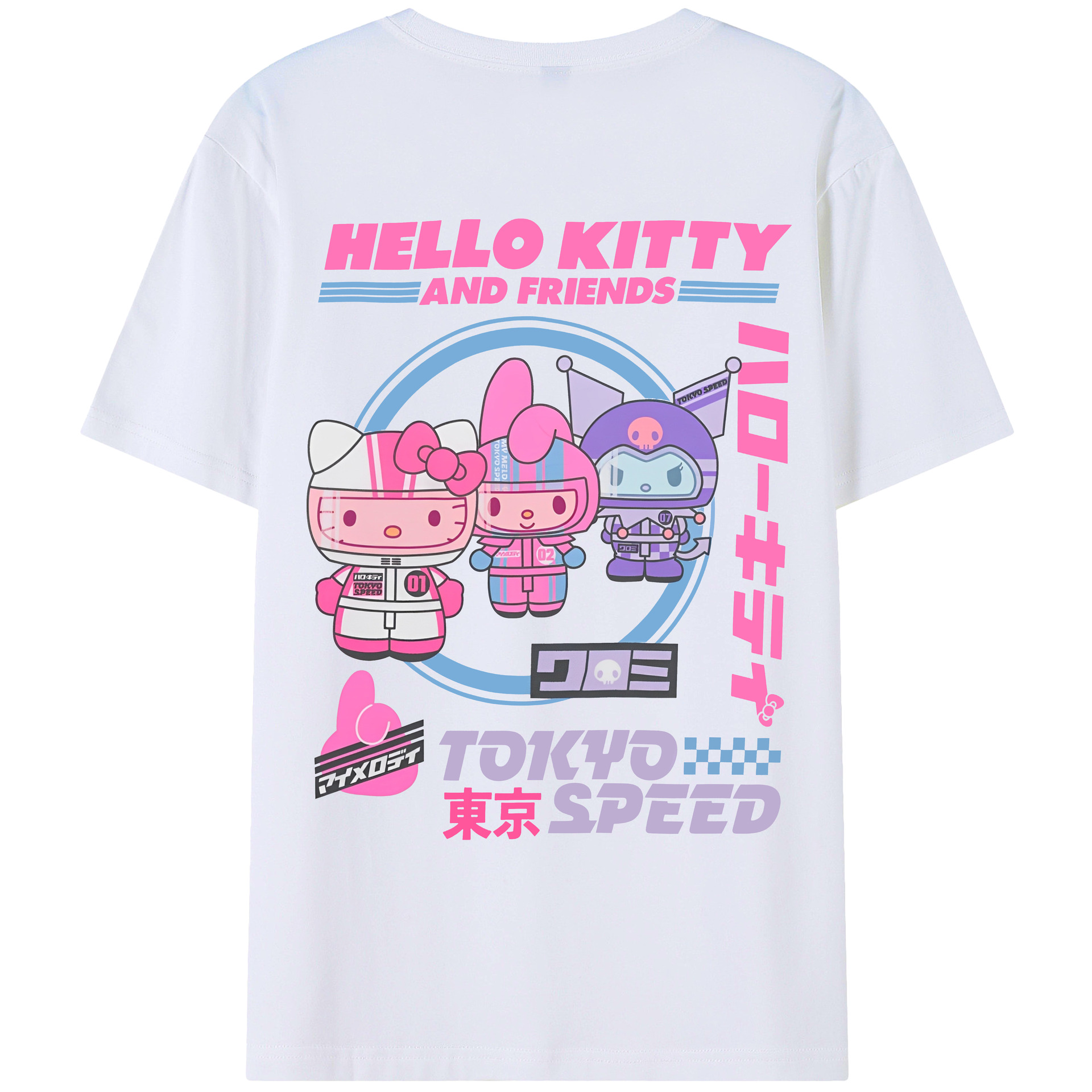 スタイリッシュでクール！サンリオファミリー - レディース半袖Tシャツ ・ 綿100％ ・ バックプリント ・ 強化クルーネック ・ 二重折り袖口 ・ 快適 通気性 ・ フィットネス カジュアル 旅行用