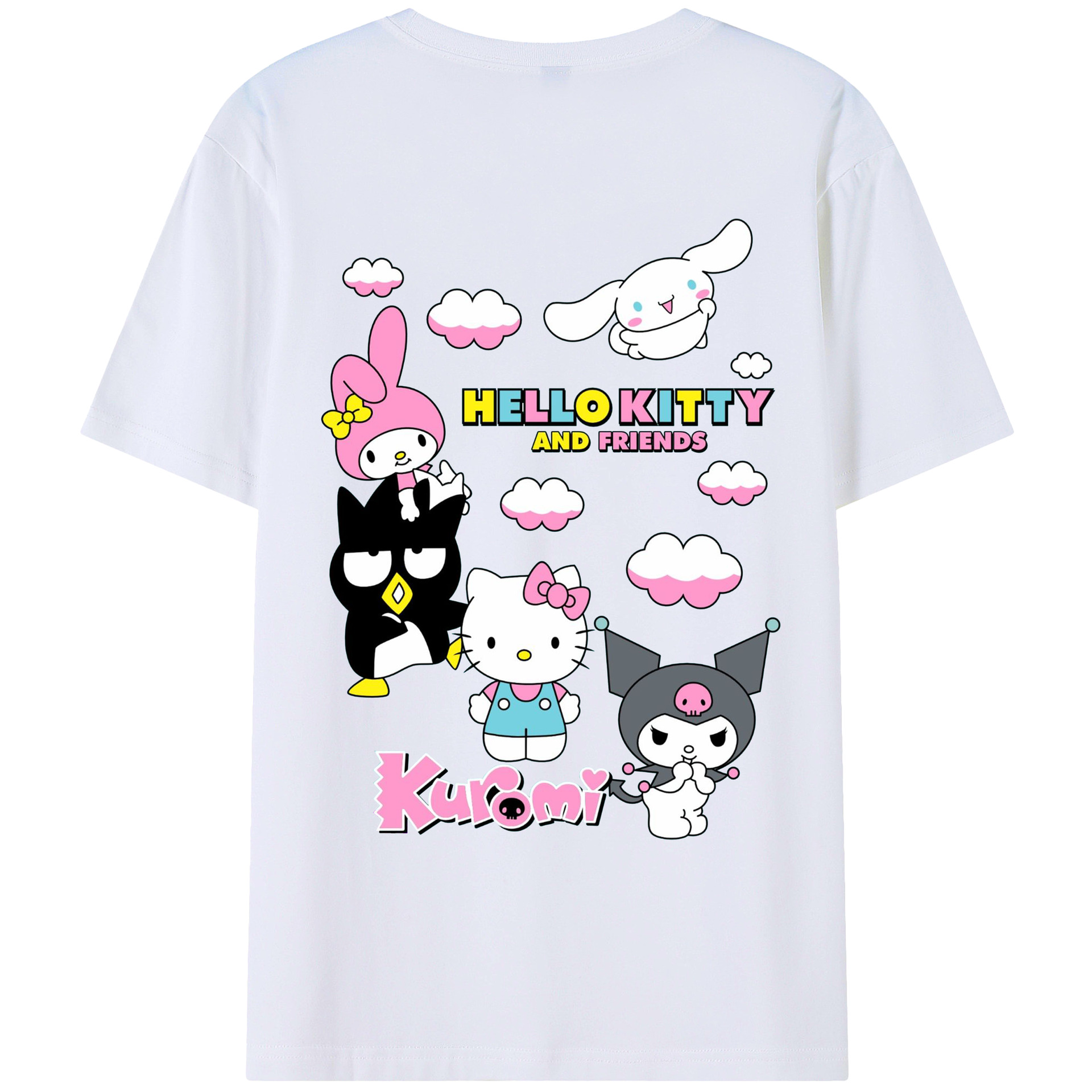 カラフルでポップ！レインボーサンリオ - レディース半袖Tシャツ ・ 綿100％ ・ バックプリント ・ 強化クルーネック ・ 二重折り袖口 ・ 快適 通気性 ・ フィットネス カジュアル 旅行用
