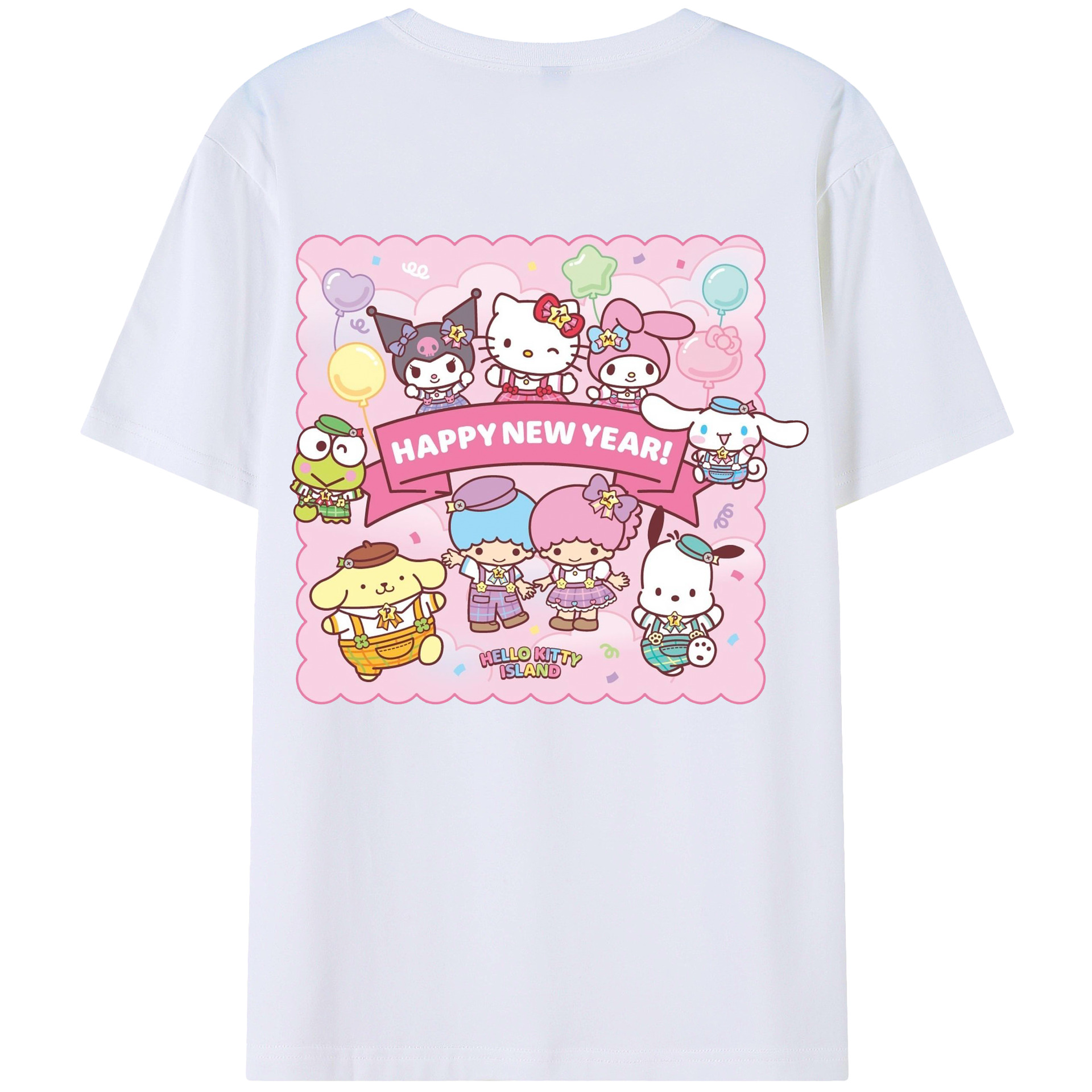 とってもかわいいサンリオファミリー - レディース半袖Tシャツ ・ 綿100％ ・ バックプリント ・ 強化クルーネック ・ 二重折り袖口 ・ 快適 通気性 ・ フィットネス カジュアル 旅行用