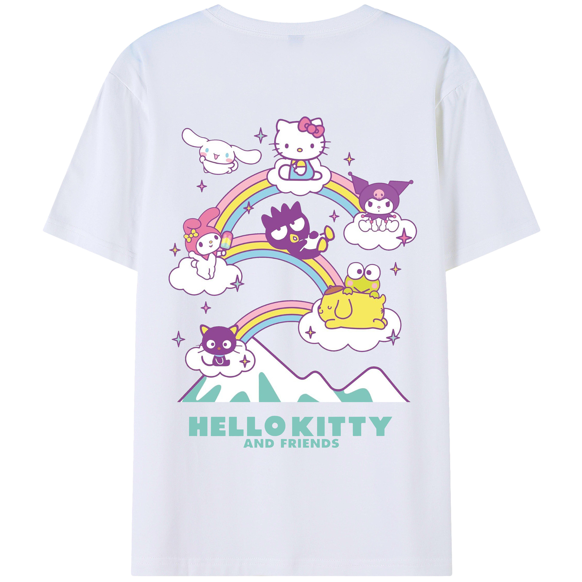 カラフルでポップ！レインボーサンリオ - レディース半袖Tシャツ ・ 綿100％ ・ バックプリント ・ 強化クルーネック ・ 二重折り袖口 ・ 快適 通気性 ・ フィットネス カジュアル 旅行用