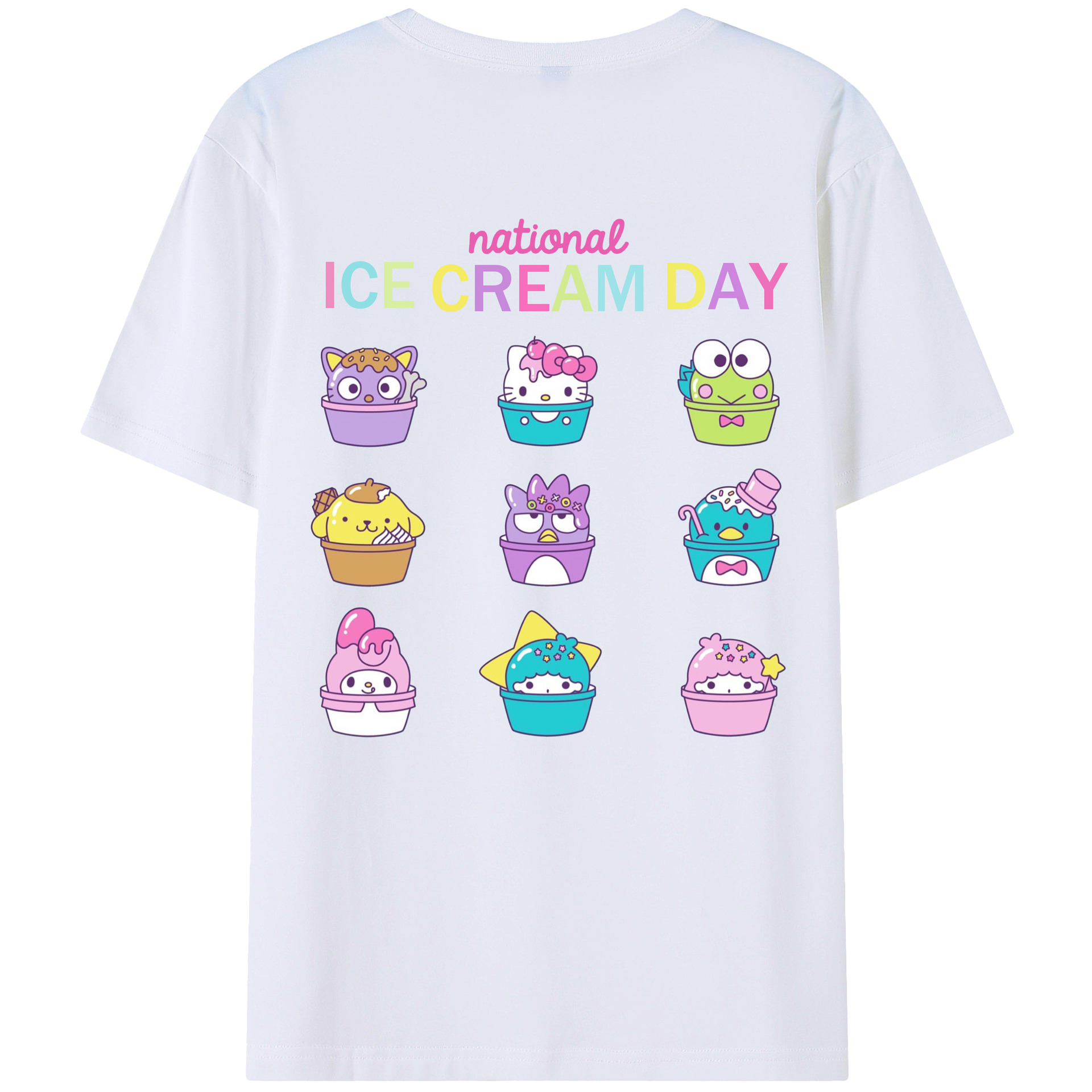 サンリオファミリー - レディース半袖Tシャツ ・ 綿100％ ・ バックプリント ・ 強化クルーネック ・ 二重折り袖口 ・ 快適 通気性 ・ フィットネス カジュアル 旅行用