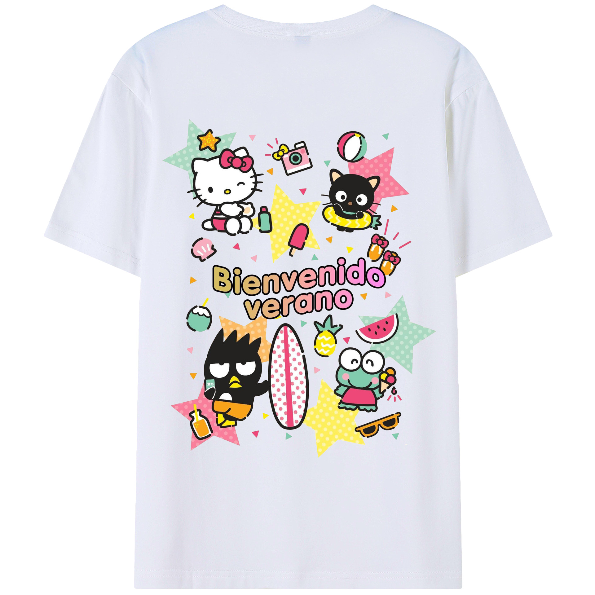 おもしろサンリオ - レディース半袖Tシャツ ・ 綿100％ ・ バックプリント ・ 強化クルーネック ・ 二重折り袖口 ・ 快適 通気性 ・ フィットネス カジュアル 旅行用