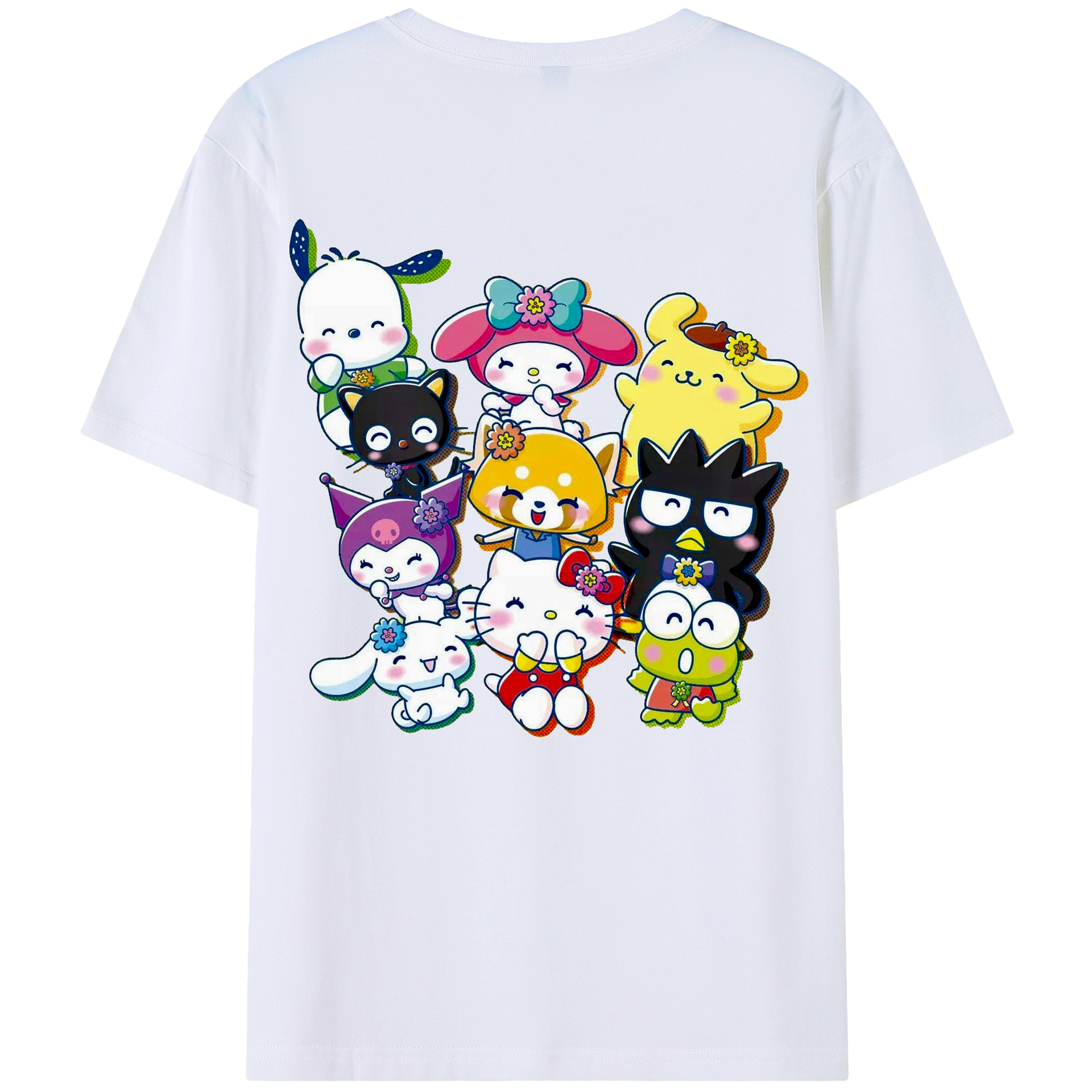 サンリオファミリー - レディース半袖Tシャツ ・ 綿100％ ・ バックプリント ・ 強化クルーネック ・ 二重折り袖口 ・ 快適 通気性 ・ フィットネス カジュアル 旅行用