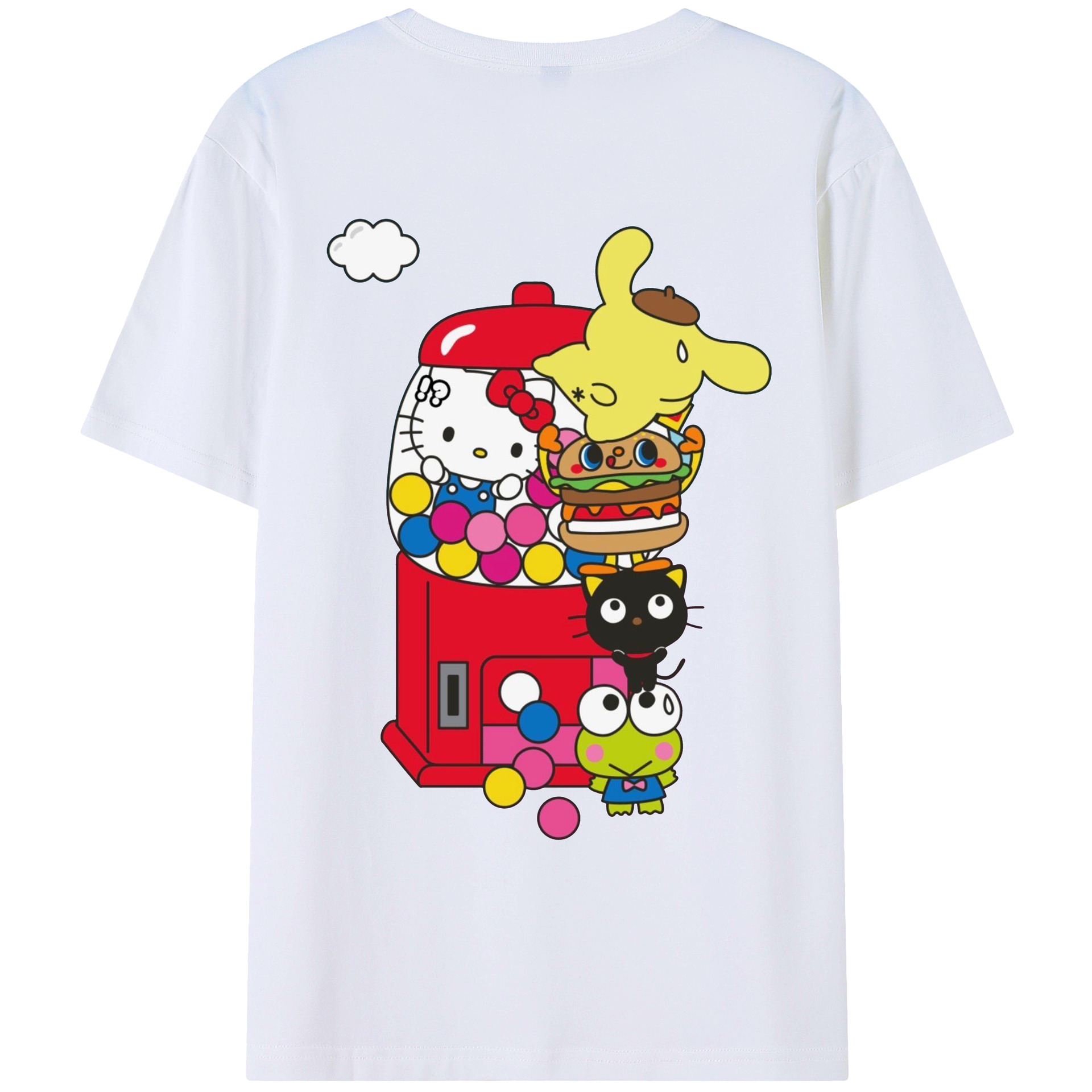 サンリオファミリー - レディース半袖Tシャツ ・ 綿100％ ・ バックプリント ・ 強化クルーネック ・ 二重折り袖口 ・ 快適 通気性 ・ フィットネス カジュアル 旅行用