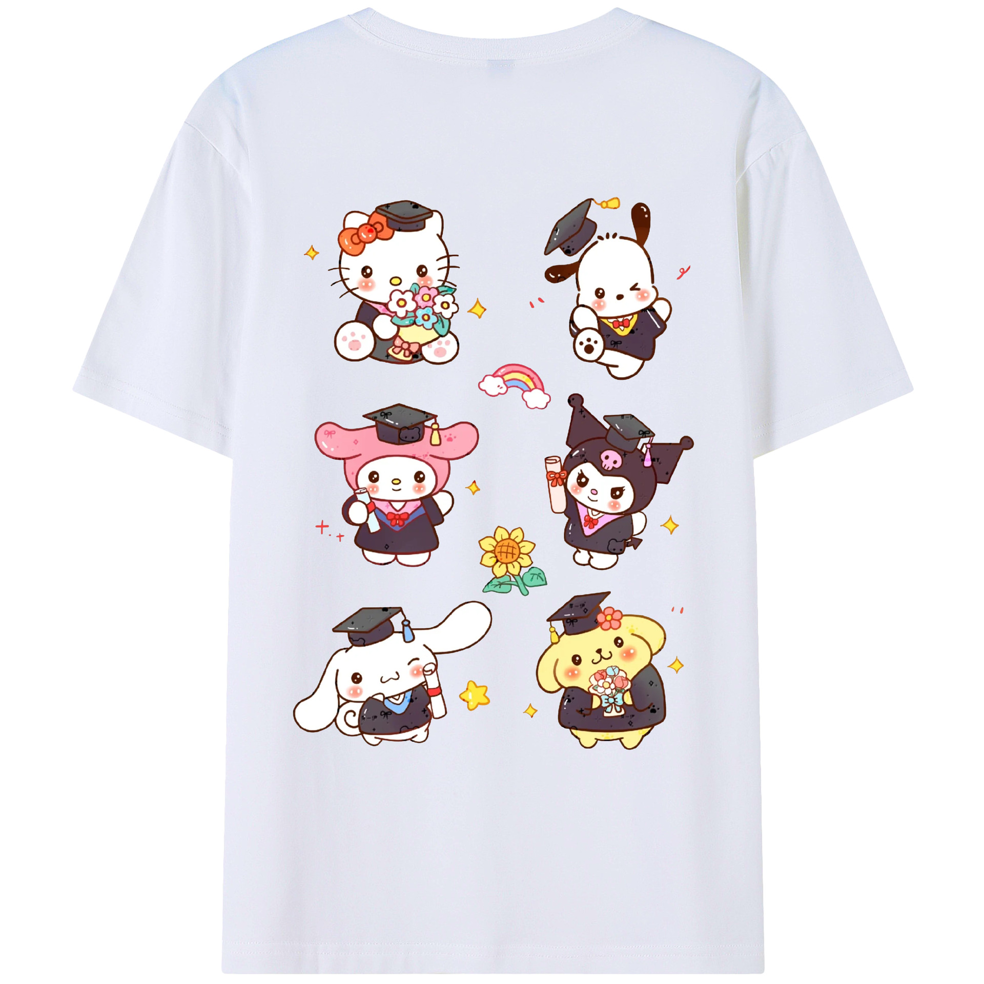 卒業シーズン×サンリオ - レディース半袖Tシャツ ・ 綿100％ ・ バックプリント ・ 強化クルーネック ・ 二重折り袖口 ・ 快適 通気性 ・ フィットネス カジュアル 旅行用