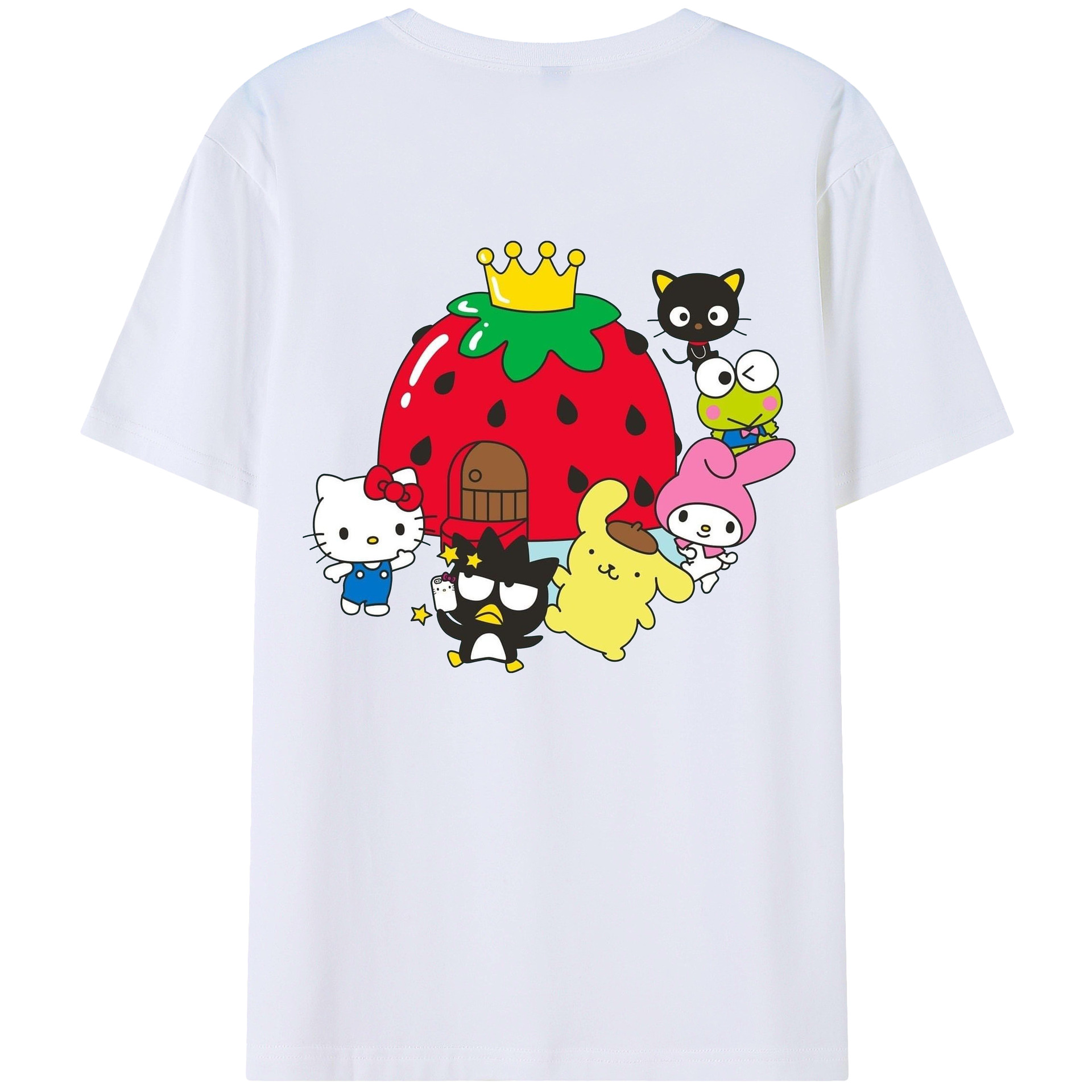 いちごサンリオ - レディース半袖Tシャツ ・ 綿100％ ・ バックプリント ・ 強化クルーネック ・ 二重折り袖口 ・ 快適 通気性 ・ フィットネス カジュアル 旅行用