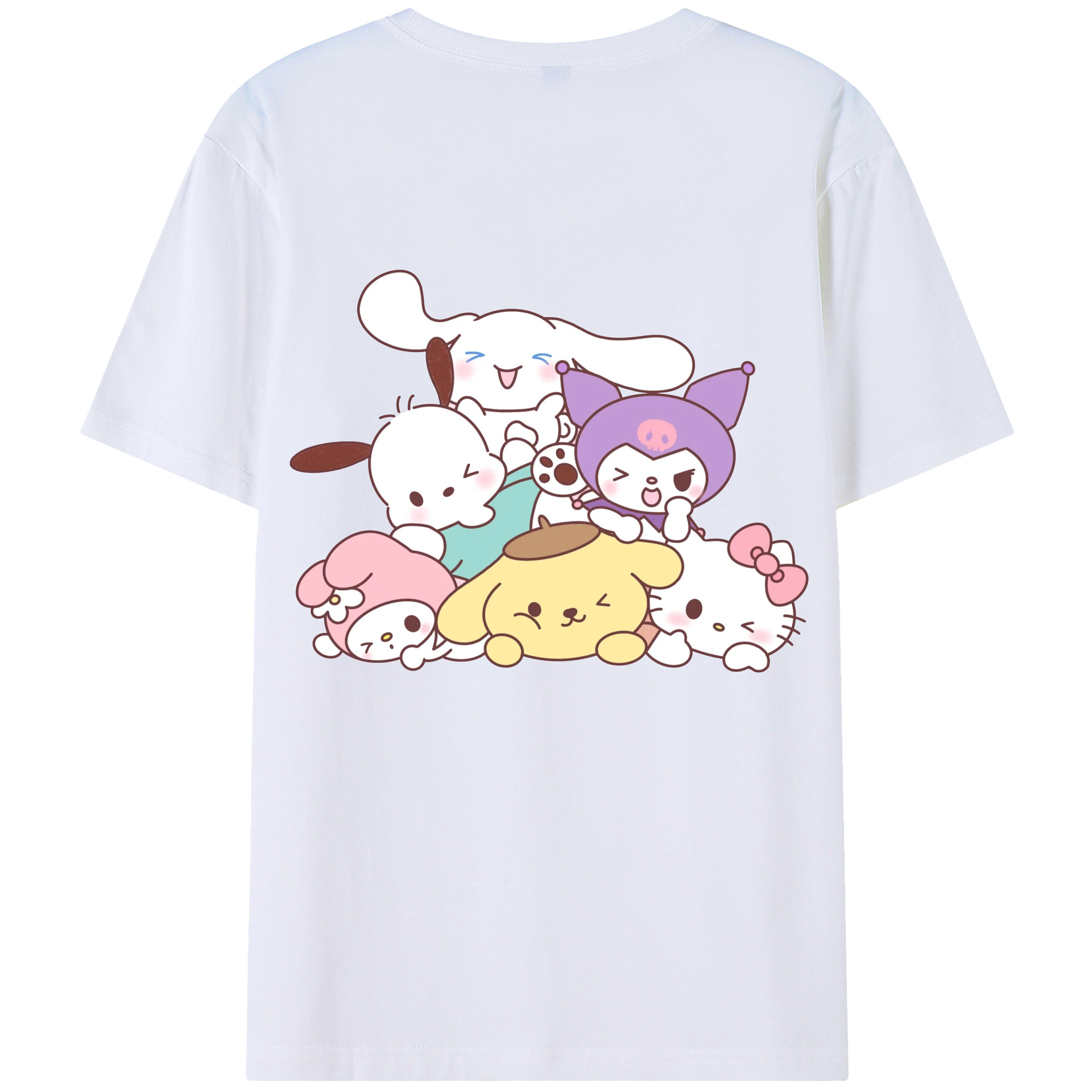 サンリオ - レディース半袖Tシャツ ・ 綿100％ ・ バックプリント ・ 強化クルーネック ・ 二重折り袖口 ・ 快適 通気性 ・ フィットネス カジュアル 旅行用