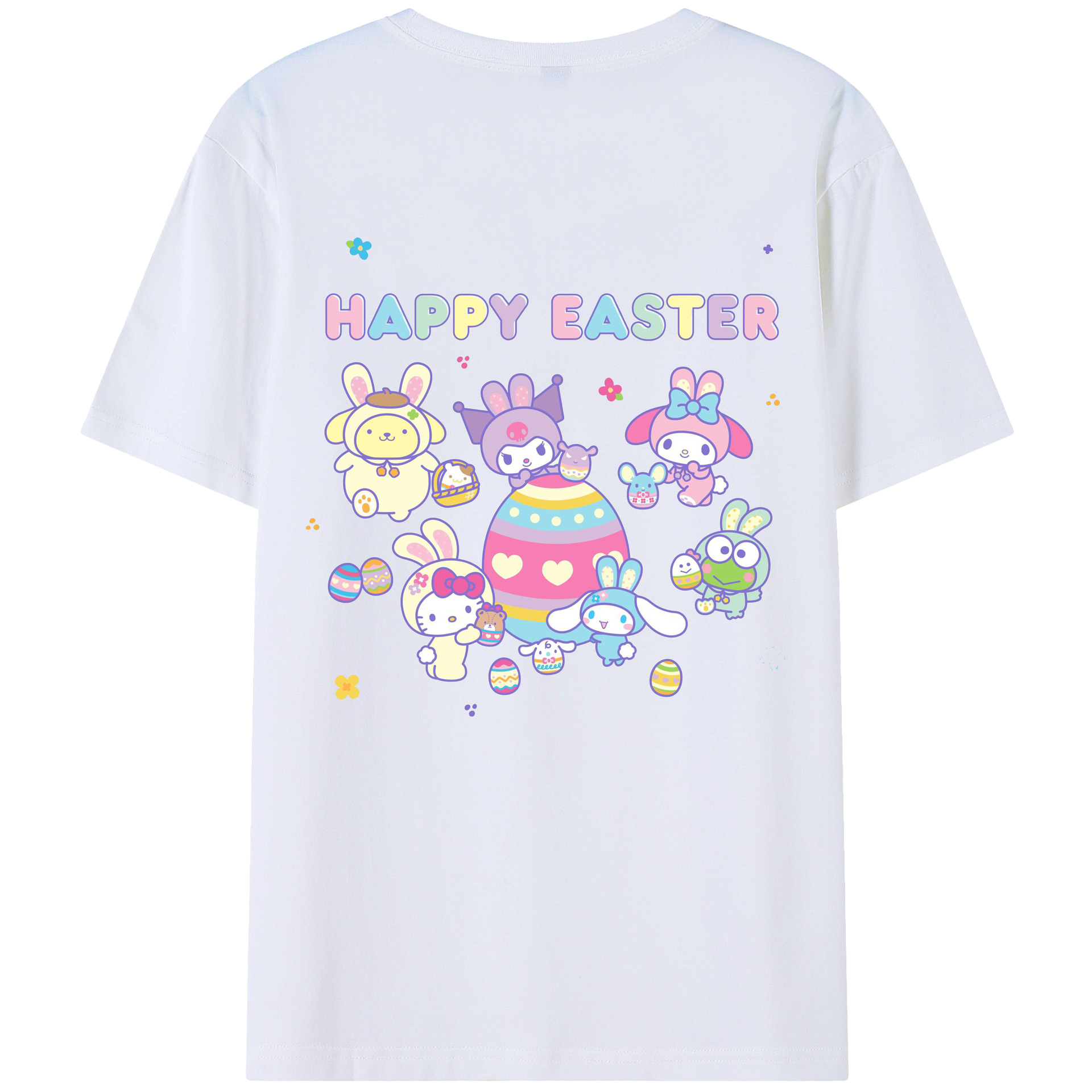 サンリオファミリー - レディース半袖Tシャツ ・ 綿100％ ・ バックプリント ・ 強化クルーネック ・ 二重折り袖口 ・ 快適 通気性 ・ フィットネス カジュアル 旅行用