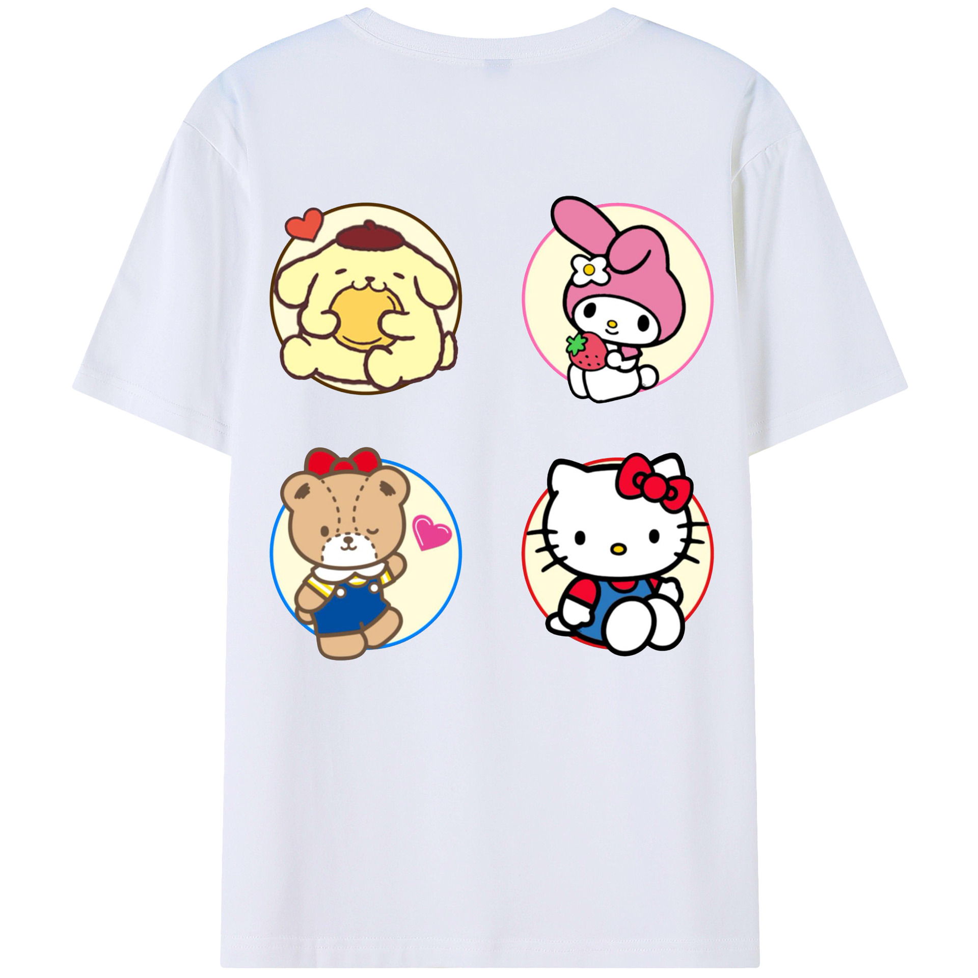 サンリオ - レディース半袖Tシャツ ・ 綿100％ ・ バックプリント ・ 強化クルーネック ・ 二重折り袖口 ・ 快適 通気性 ・ フィットネス カジュアル 旅行用