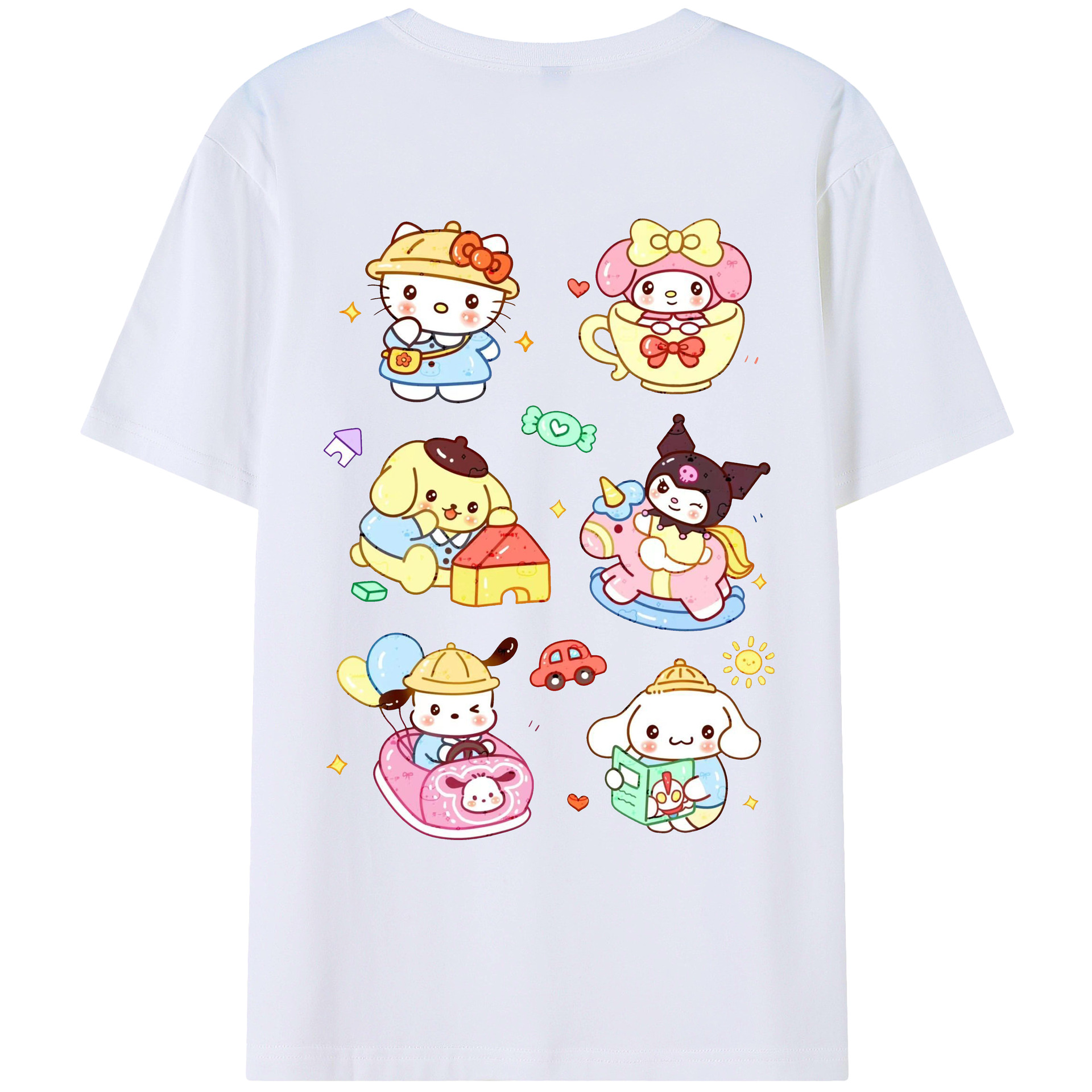 おもしろサンリオ - レディース半袖Tシャツ ・ 綿100％ ・ バックプリント ・ 強化クルーネック ・ 二重折り袖口 ・ 快適 通気性 ・ フィットネス カジュアル 旅行用