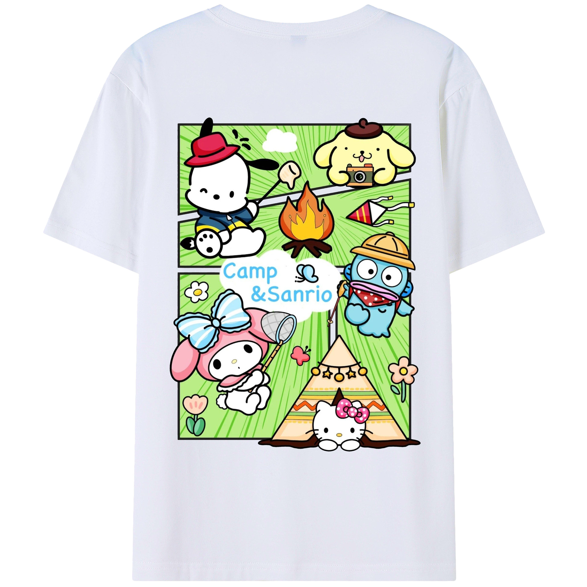 おもしろサンリオ - レディース半袖Tシャツ ・ 綿100％ ・ バックプリント ・ 強化クルーネック ・ 二重折り袖口 ・ 快適 通気性 ・ フィットネス カジュアル 旅行用