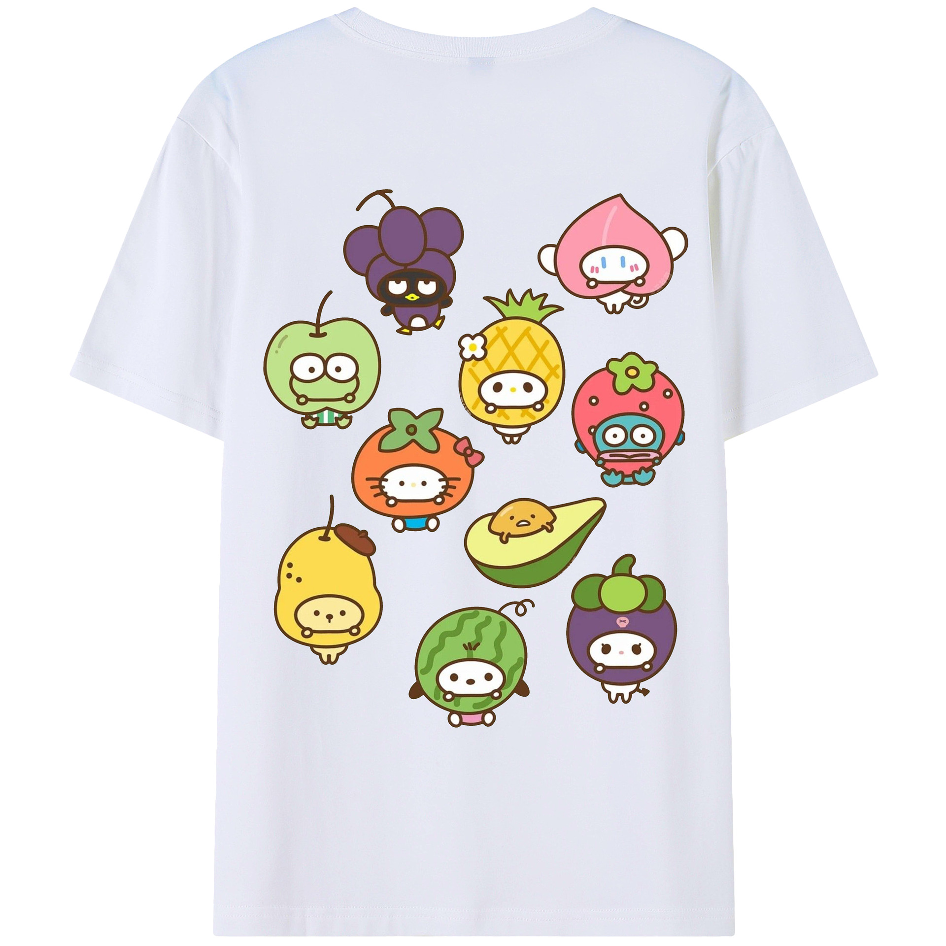 フルーツサンリオ - レディース半袖Tシャツ ・ 綿100％ ・ バックプリント ・ 強化クルーネック ・ 二重折り袖口 ・ 快適 通気性 ・ フィットネス カジュアル 旅行用