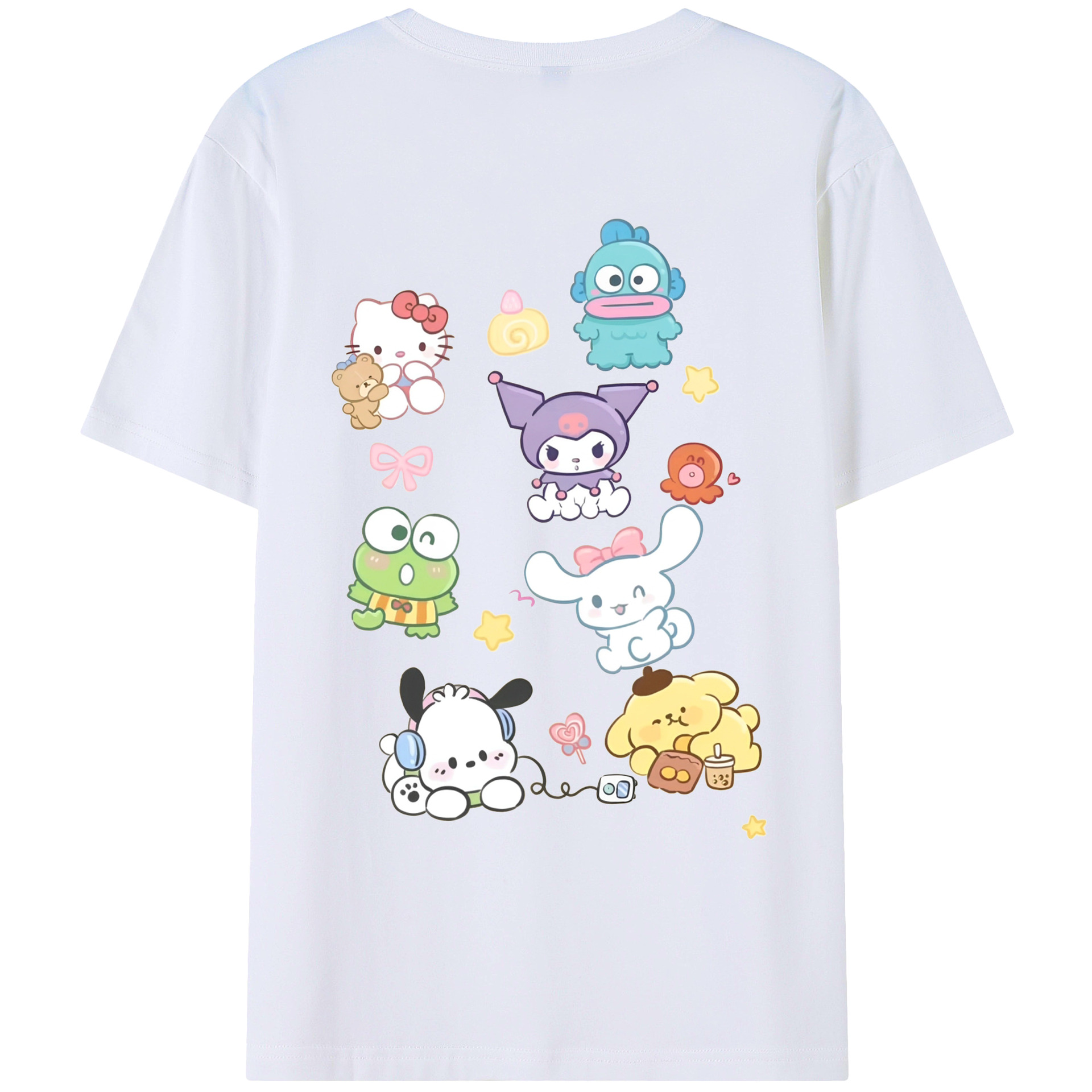 サンリオ - レディース半袖Tシャツ ・ 綿100％ ・ バックプリント ・ 強化クルーネック ・ 二重折り袖口 ・ 快適 通気性 ・ フィットネス カジュアル 旅行用