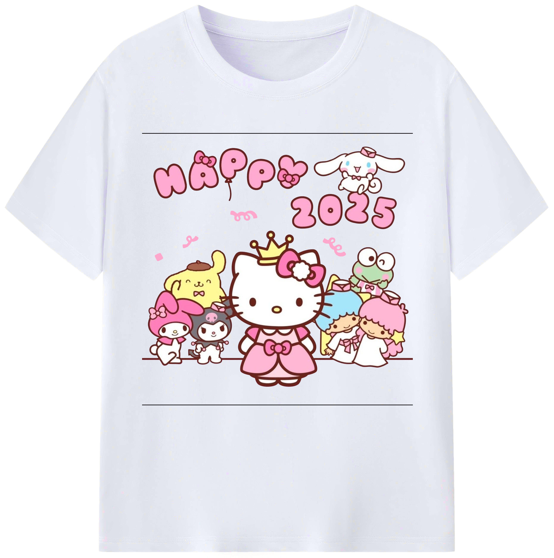 サンリオファミリー 2025年新作 - レディースカジュアルプリントTシャツ ・ 綿100％ ・ クルーネック ・ フロントプリント ・ 柔らかく快適 ・ フィットネス カジュアル 旅行用
