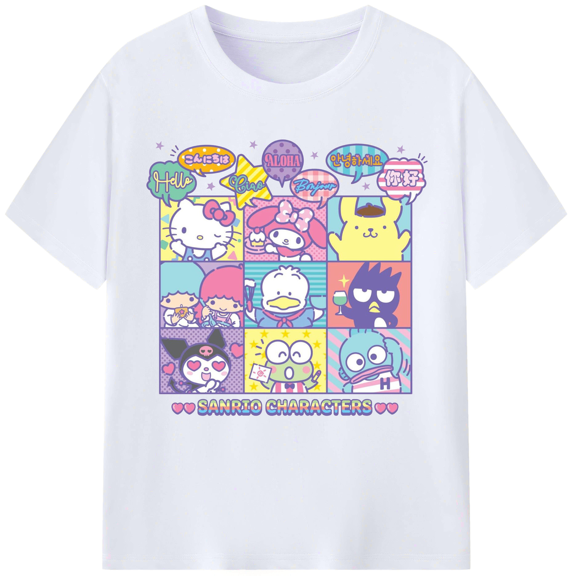 サンリオファミリー 2025年新作 - レディースカジュアルプリントTシャツ ・ 綿100％ ・ クルーネック ・ フロントプリント ・ 柔らかく快適 ・ フィットネス カジュアル 旅行用