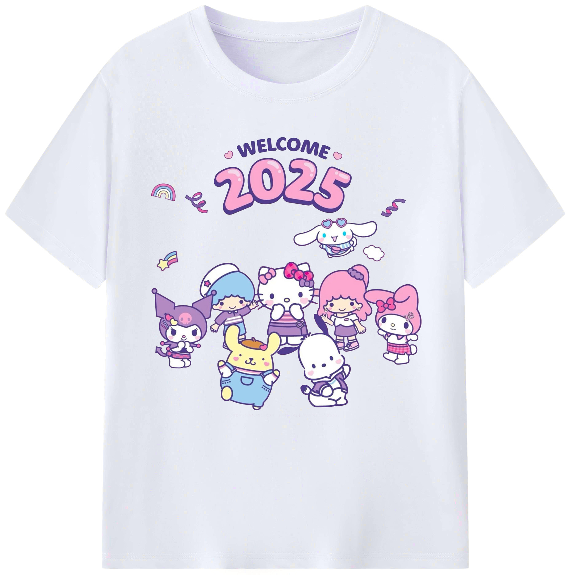 サンリオファミリー 2025年新作 - レディースカジュアルプリントTシャツ ・ 綿100％ ・ クルーネック ・ フロントプリント ・ 柔らかく快適 ・ フィットネス カジュアル 旅行用