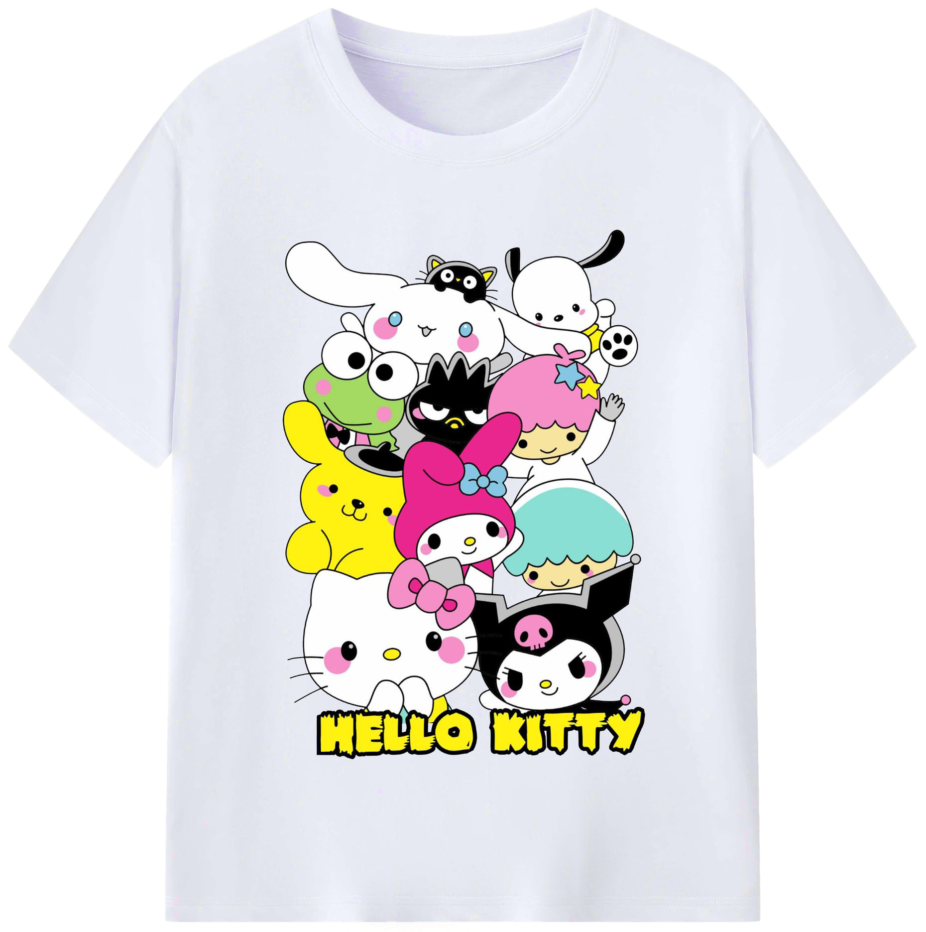 とってもかわいいサンリオファミリー - レディースカジュアルプリントTシャツ ・ 綿100％ ・ クルーネック ・ フロントプリント ・ 柔らかく快適 ・ フィットネス カジュアル 旅行用