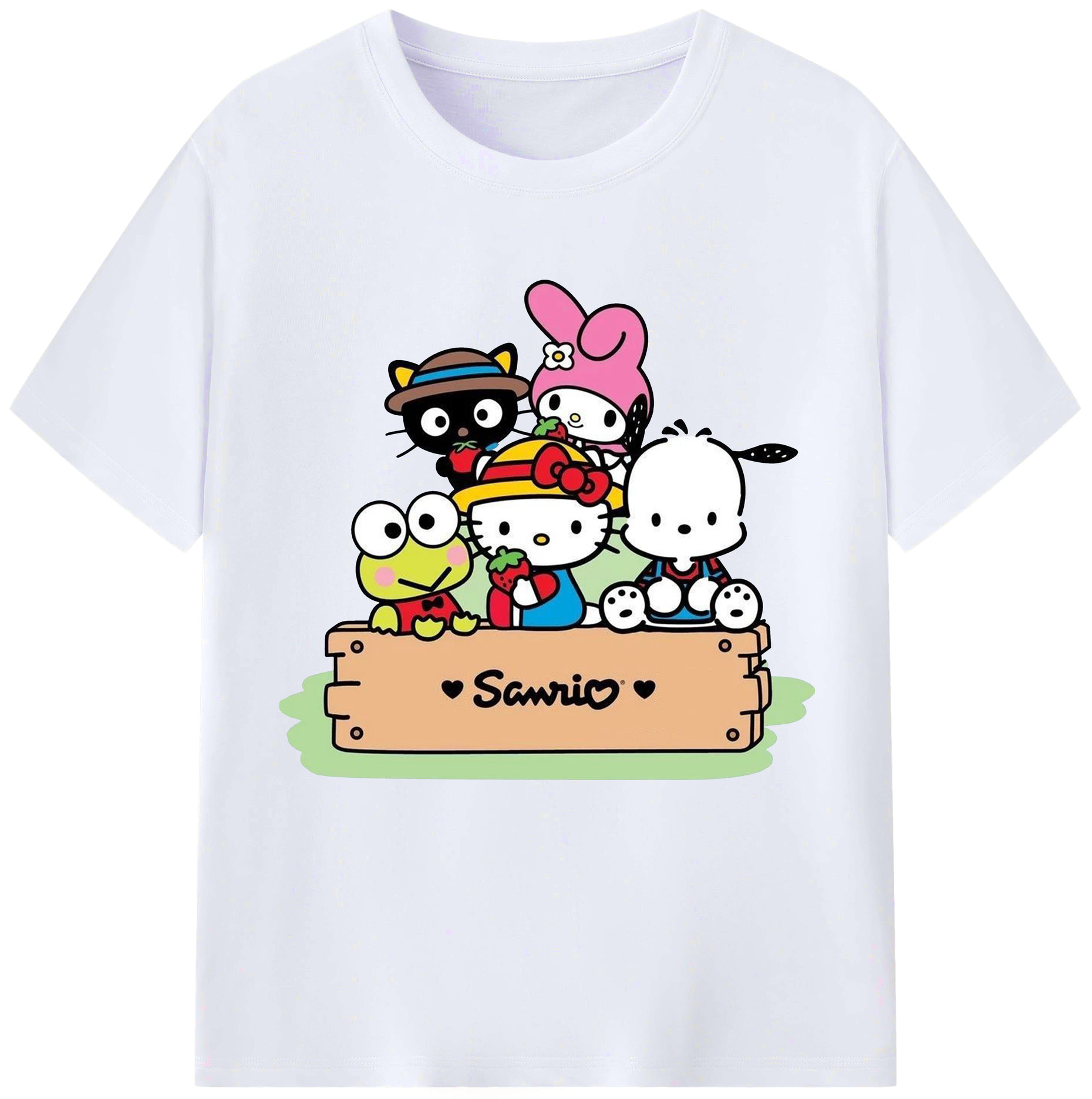 とってもかわいいサンリオファミリー - レディースカジュアルプリントTシャツ ・ 綿100％ ・ クルーネック ・ フロントプリント ・ 柔らかく快適 ・ フィットネス カジュアル 旅行用
