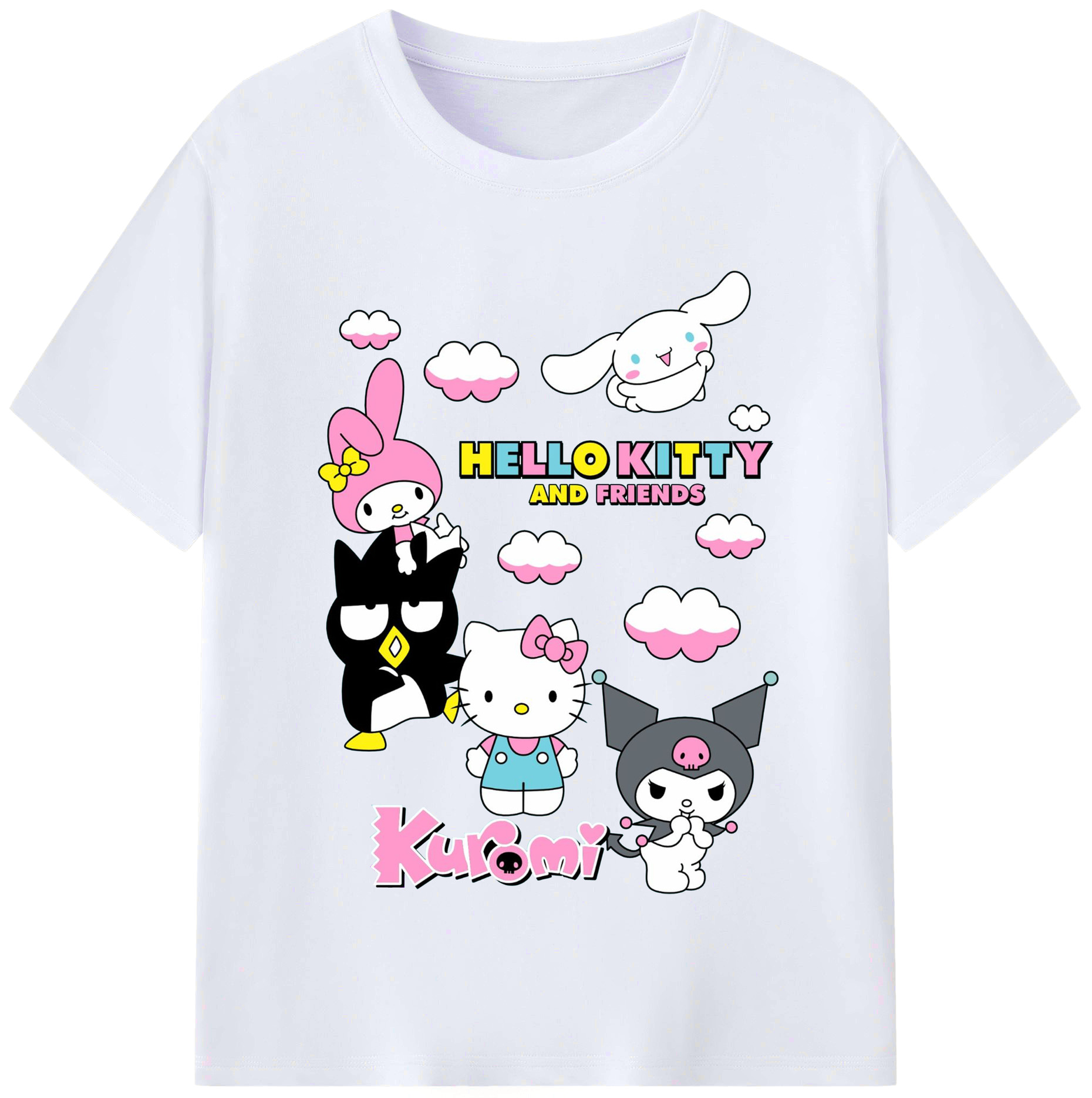 カラフルでポップ！レインボーサンリオ - レディースカジュアルプリントTシャツ ・ 綿100％ ・ クルーネック ・ フロントプリント ・ 柔らかく快適 ・ フィットネス カジュアル 旅行用
