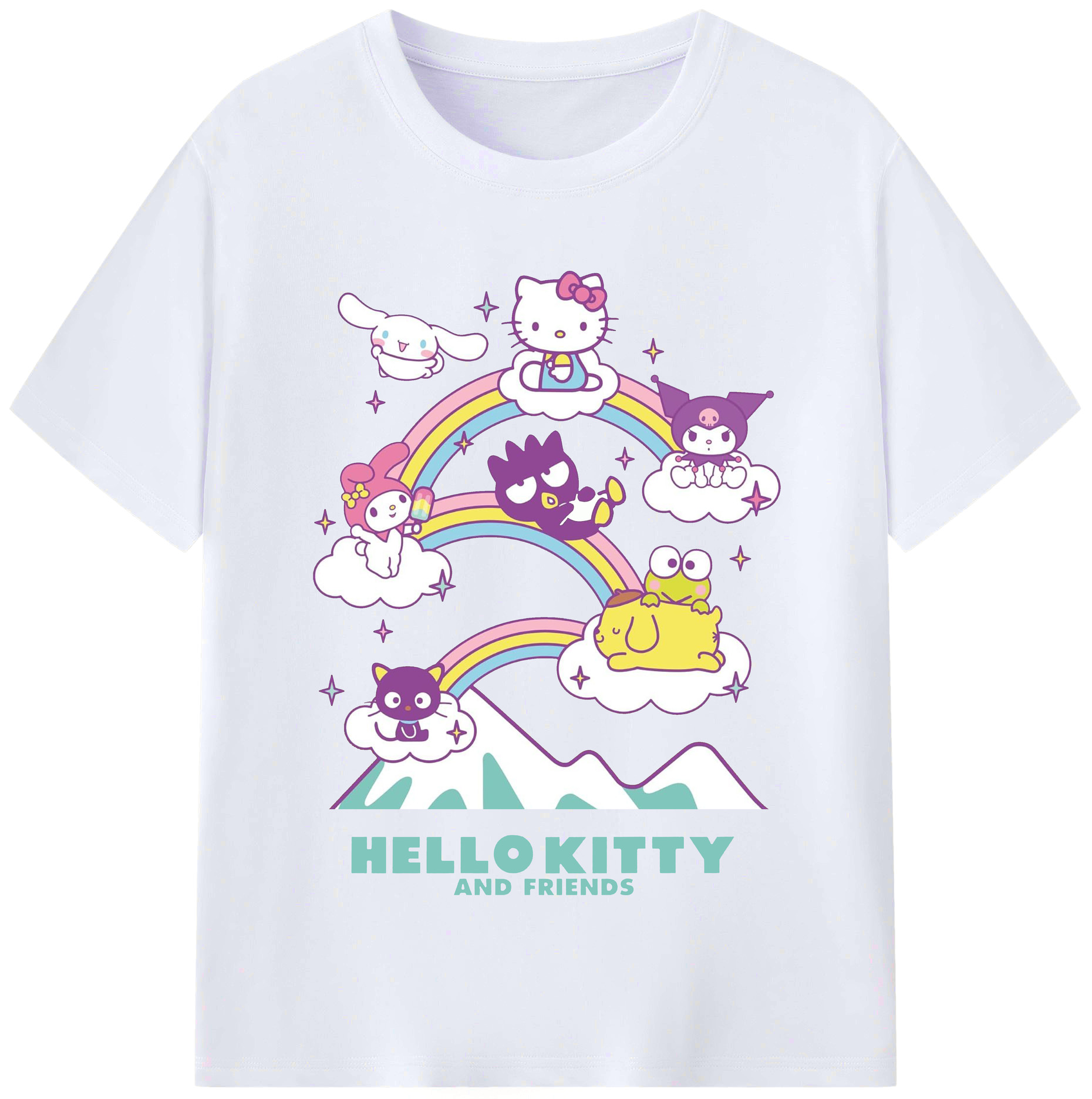 カラフルでポップ！レインボーサンリオ - レディースカジュアルプリントTシャツ ・ 綿100％ ・ クルーネック ・ フロントプリント ・ 柔らかく快適 ・ フィットネス カジュアル 旅行用