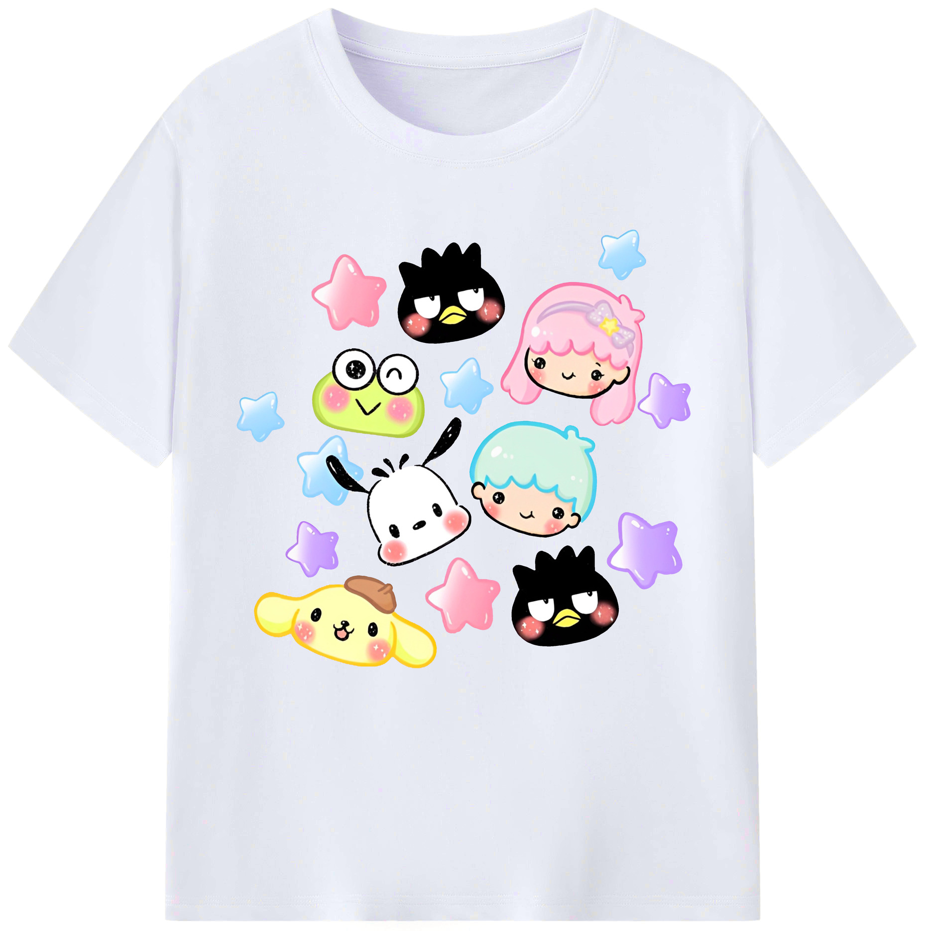 サンリオファミリー - レディースカジュアルプリントTシャツ ・ 綿100％ ・ クルーネック ・ フロントプリント ・ 柔らかく快適 ・ フィットネス カジュアル 旅行用