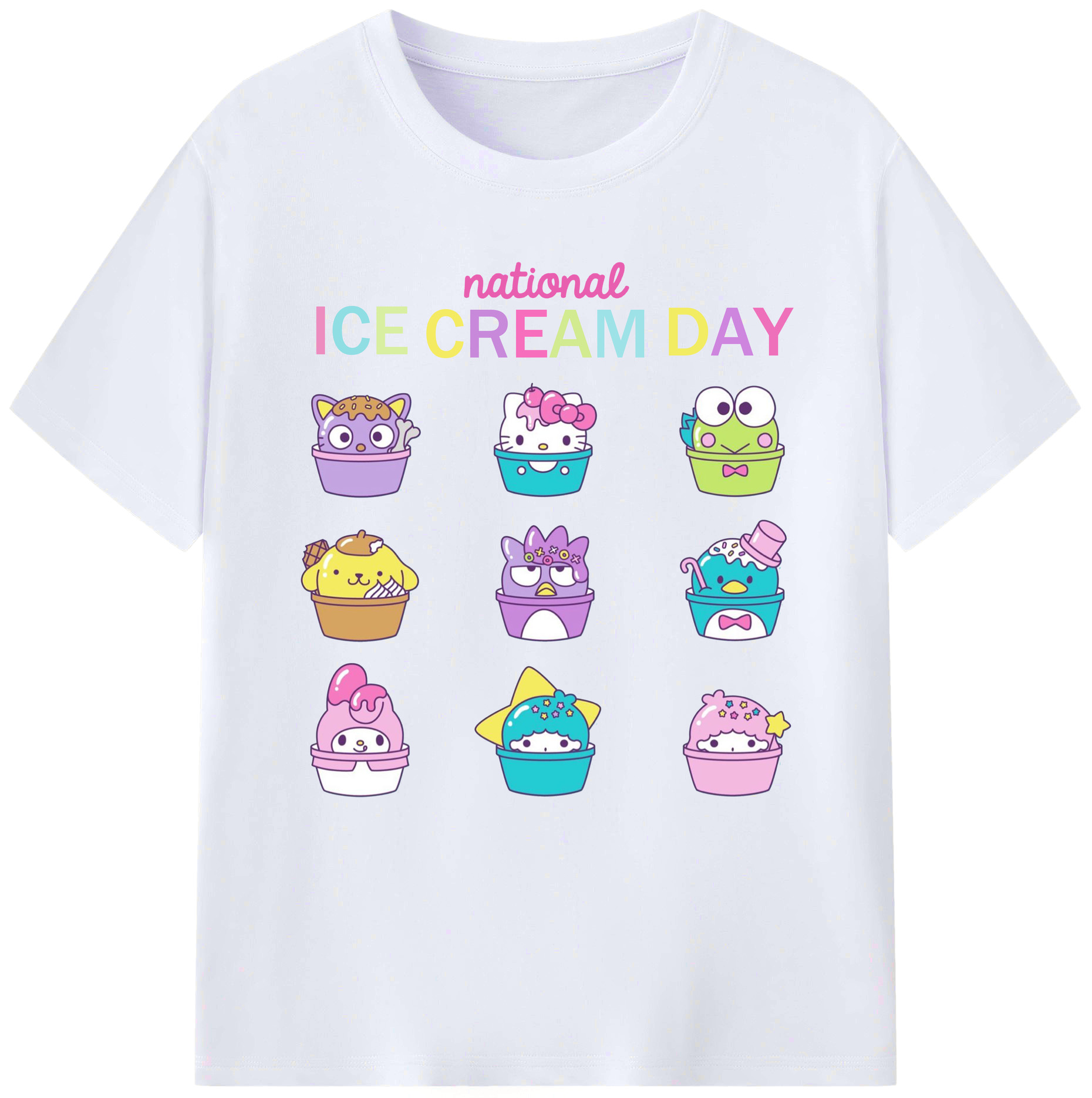 サンリオファミリー - レディースカジュアルプリントTシャツ ・ 綿100％ ・ クルーネック ・ フロントプリント ・ 柔らかく快適 ・ フィットネス カジュアル 旅行用