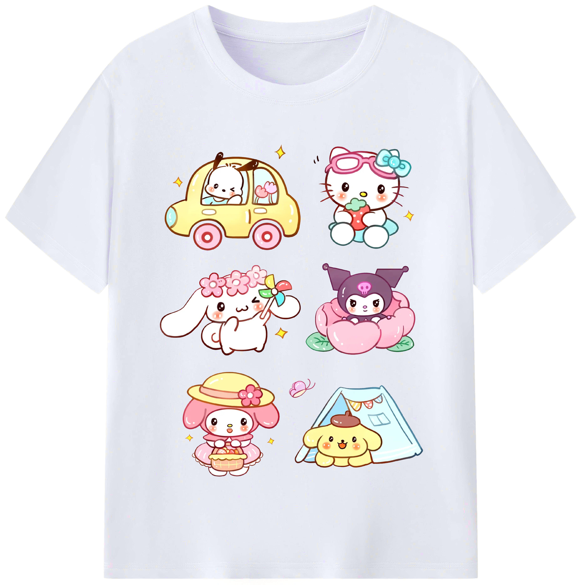 おもしろサンリオ - レディースカジュアルプリントTシャツ ・ 綿100％ ・ クルーネック ・ フロントプリント ・ 柔らかく快適 ・ フィットネス カジュアル 旅行用