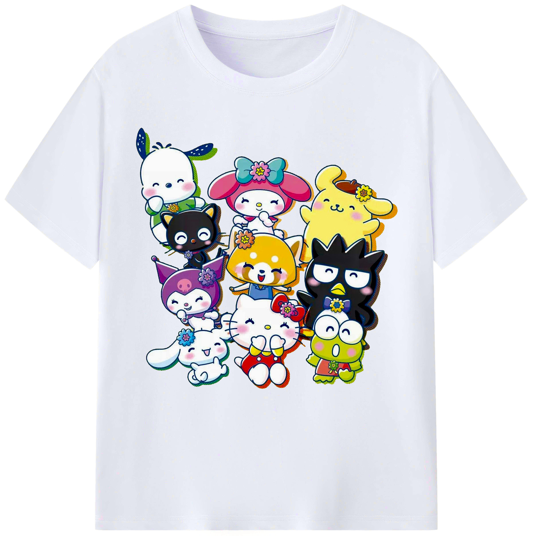 サンリオファミリー - レディースカジュアルプリントTシャツ ・ 綿100％ ・ クルーネック ・ フロントプリント ・ 柔らかく快適 ・ フィットネス カジュアル 旅行用