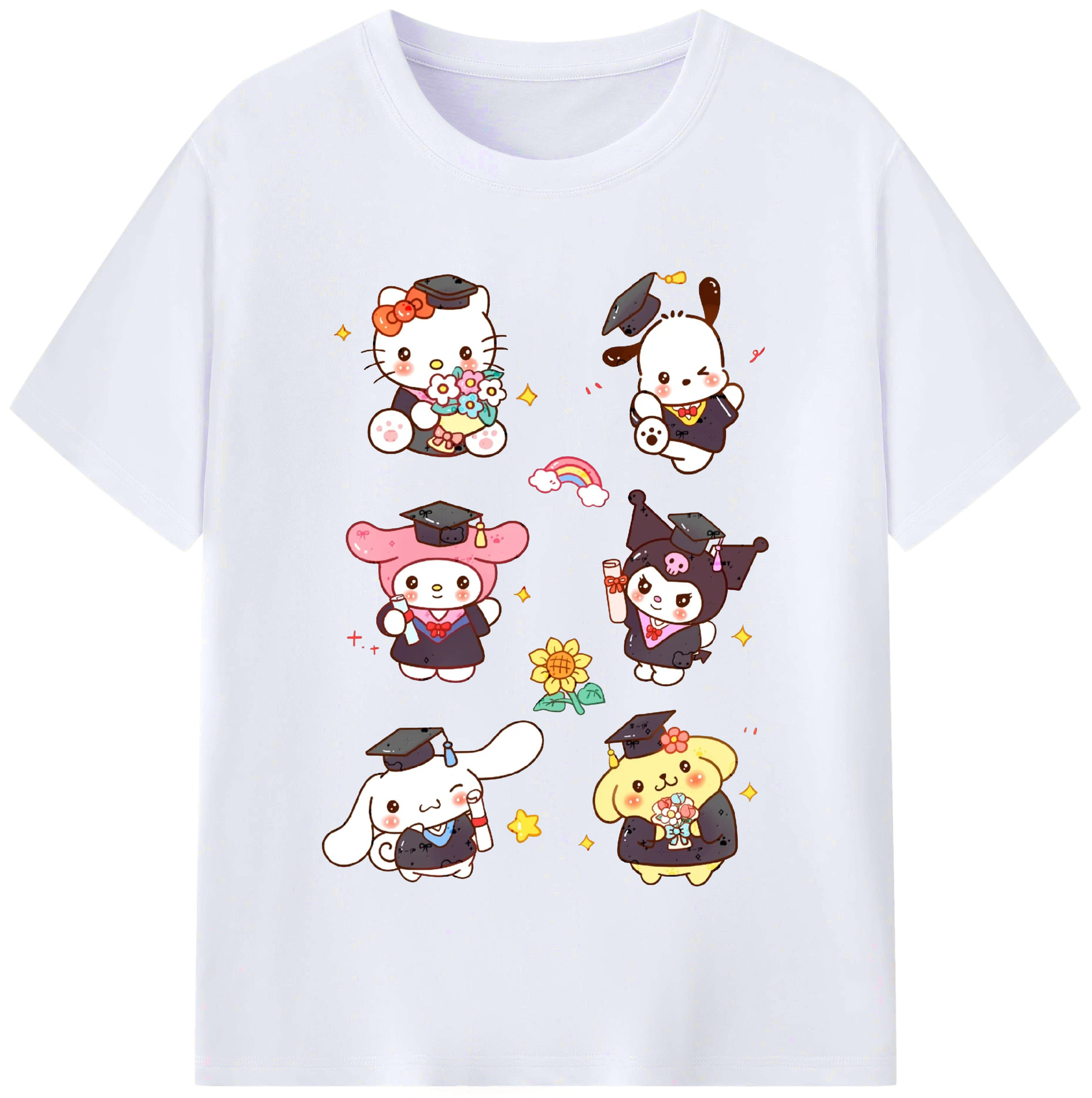 卒業シーズン×サンリオ - レディースカジュアルプリントTシャツ ・ 綿100％ ・ クルーネック ・ フロントプリント ・ 柔らかく快適 ・ フィットネス カジュアル 旅行用