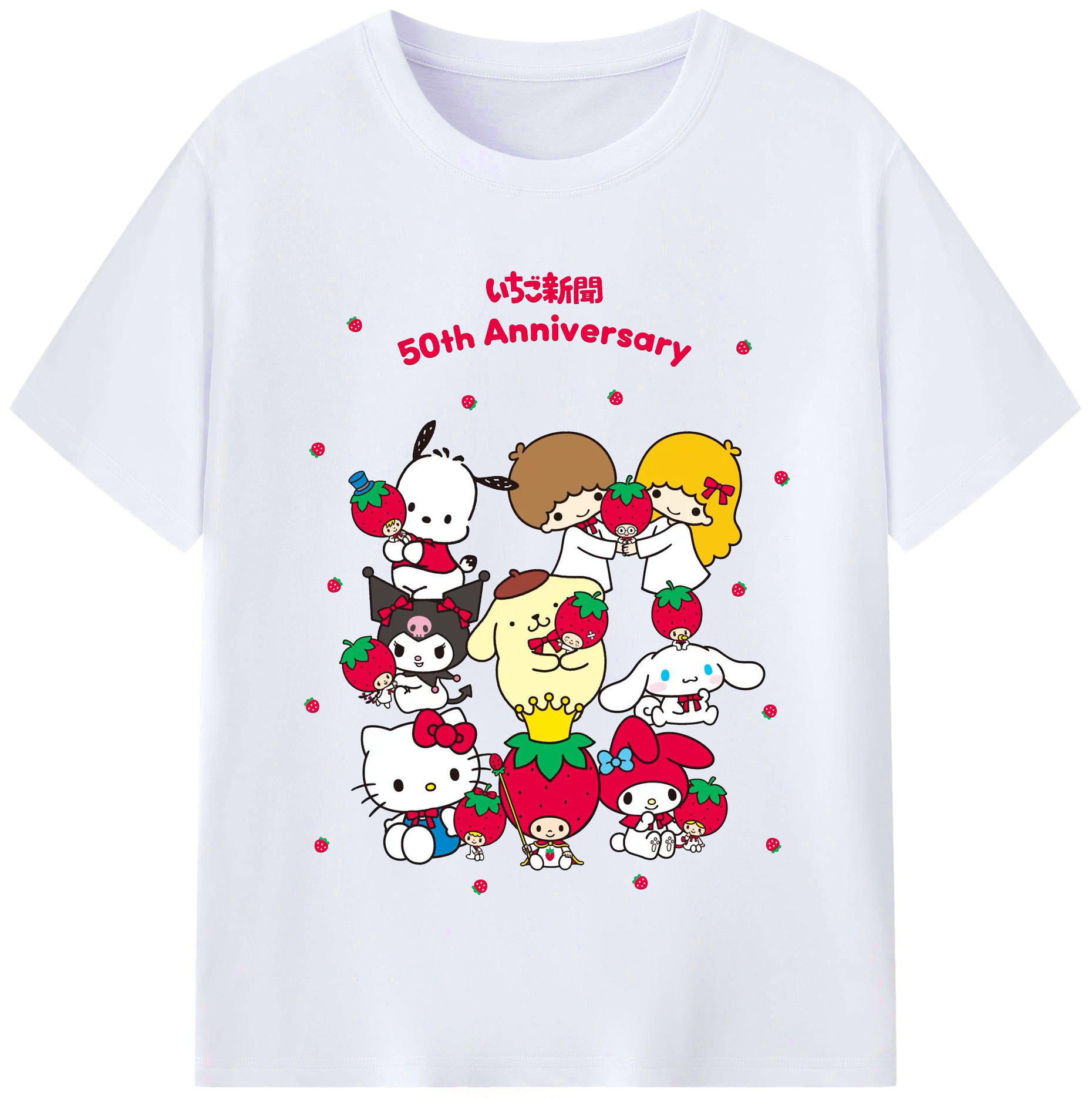 いちごサンリオ - レディースカジュアルプリントTシャツ ・ 綿100％ ・ クルーネック ・ フロントプリント ・ 柔らかく快適 ・ フィットネス カジュアル 旅行用