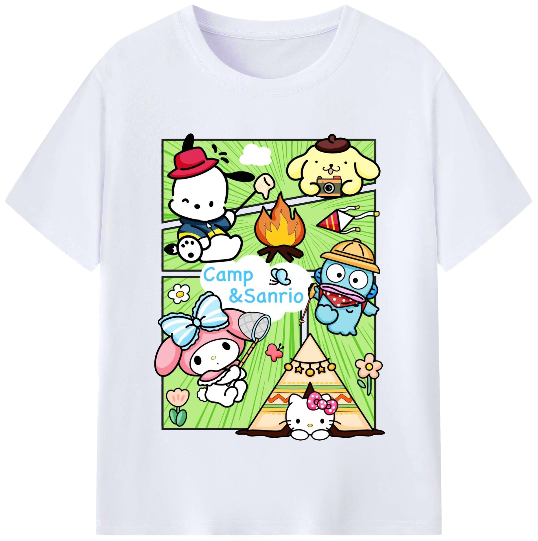 おもしろサンリオ - レディースカジュアルプリントTシャツ ・ 綿100％ ・ クルーネック ・ フロントプリント ・ 柔らかく快適 ・ フィットネス カジュアル 旅行用