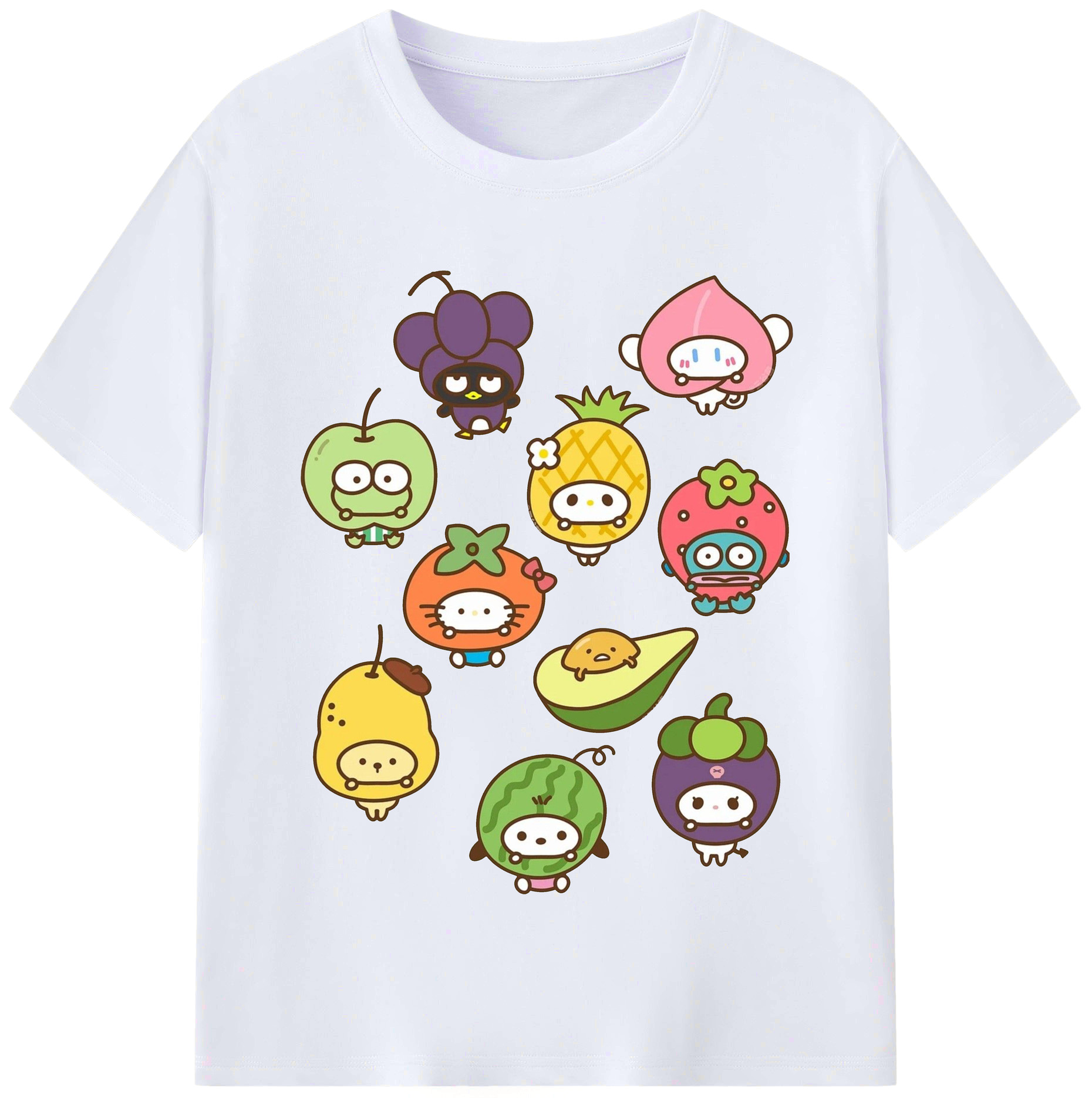 フルーツサンリオ - レディースカジュアルプリントTシャツ ・ 綿100％ ・ クルーネック ・ フロントプリント ・ 柔らかく快適 ・ フィットネス カジュアル 旅行用