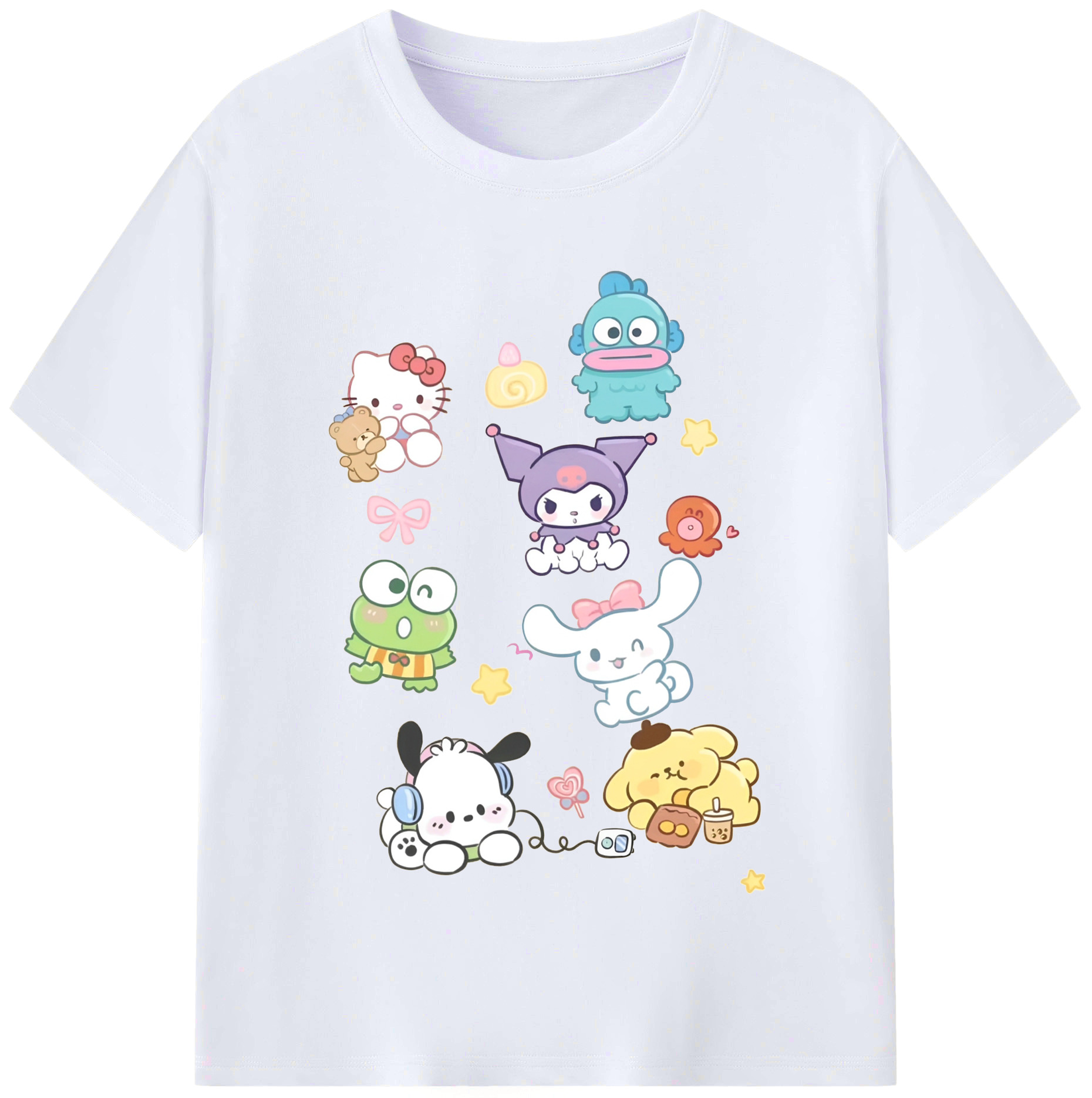 サンリオ - レディースカジュアルプリントTシャツ ・ 綿100％ ・ クルーネック ・ フロントプリント ・ 柔らかく快適 ・ フィットネス カジュアル 旅行用