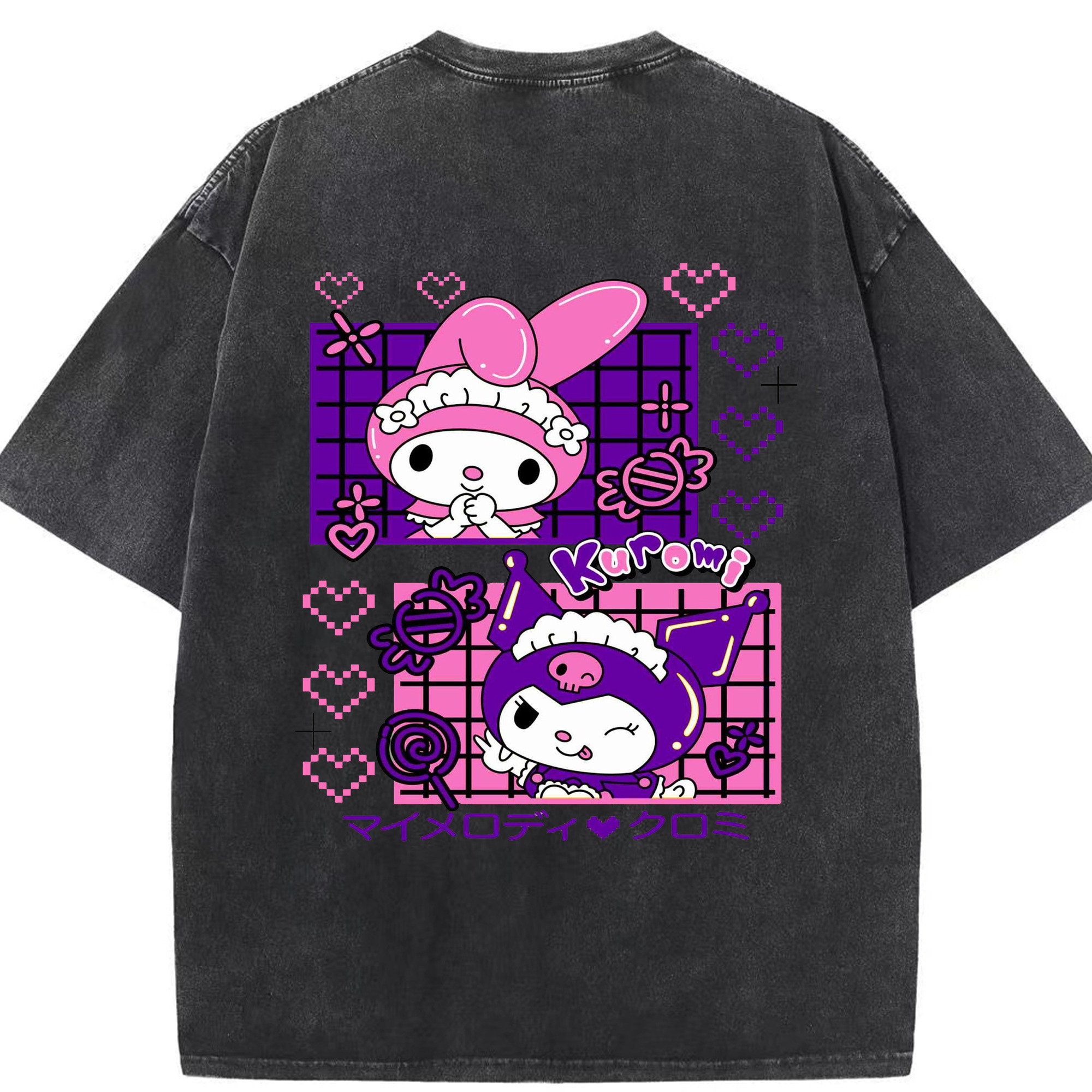 かわいいクロミ - 綿100％ ヴィンテージ風 半袖Tシャツ ・ 背面プリント ・ 柔らか肌触り ・ 通気性 快適 ・ スポーツ カジュアル 外出用