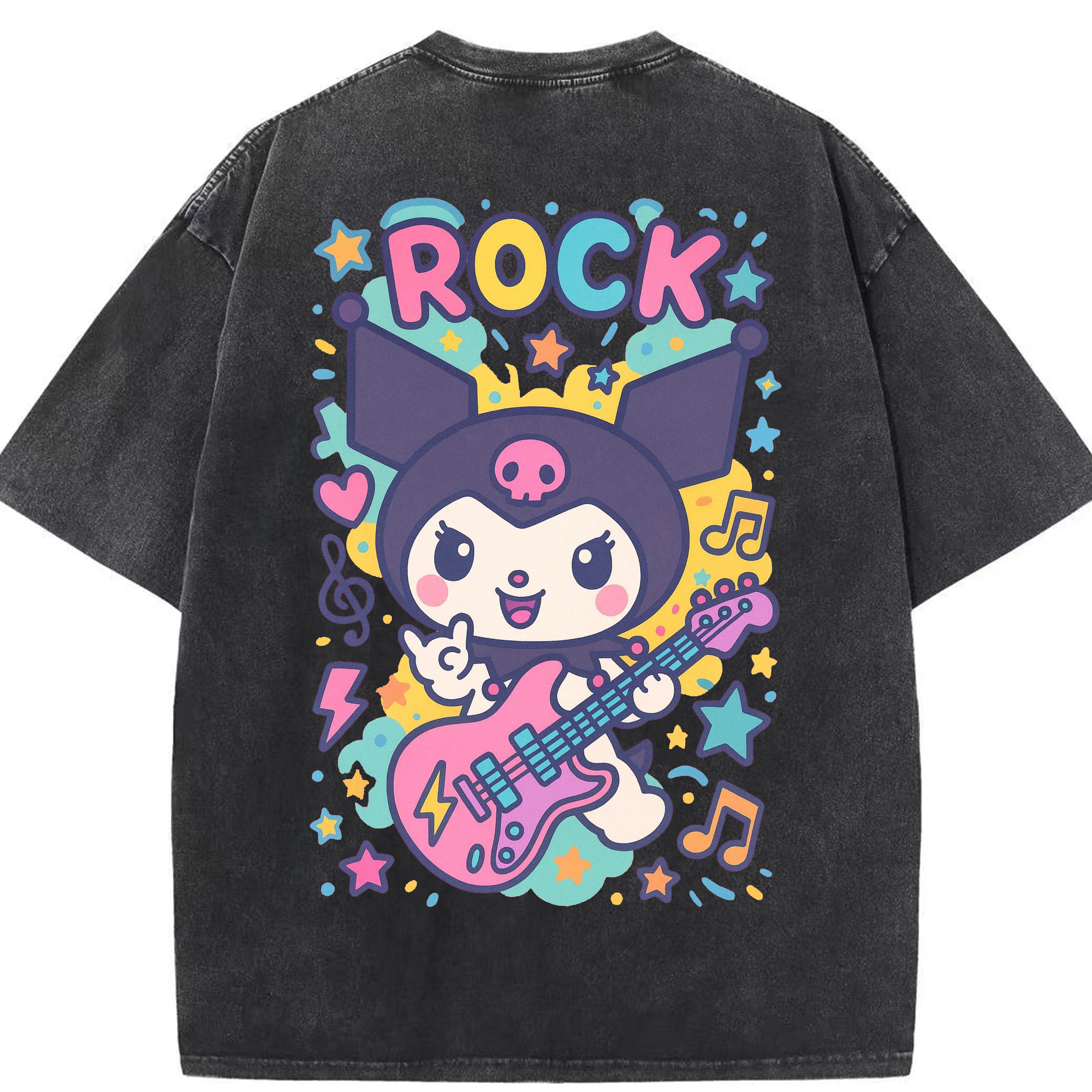ロック風クロミ - 綿100％ ヴィンテージ風 半袖Tシャツ ・ 背面プリント ・ 柔らか肌触り ・ 通気性 快適 ・ スポーツ カジュアル 外出用
