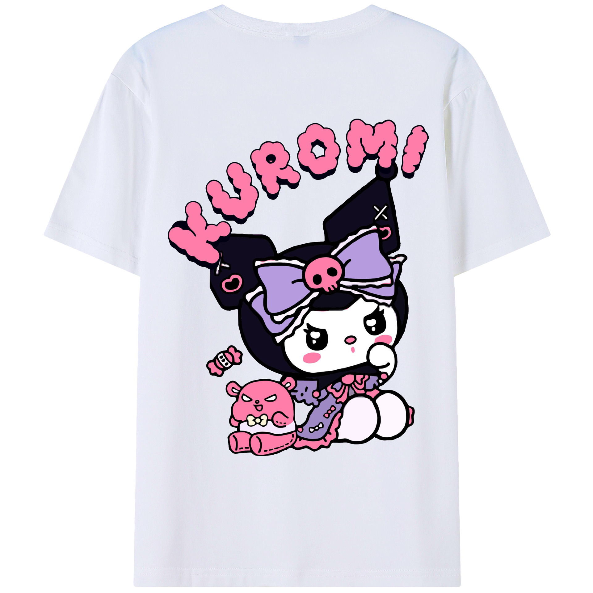 サンリオクロミ - レディース半袖Tシャツ ・ 綿100％ ・ バックプリント ・ 強化クルーネック ・ 二重折り袖口 ・ 快適 通気性 ・ フィットネス カジュアル 旅行用