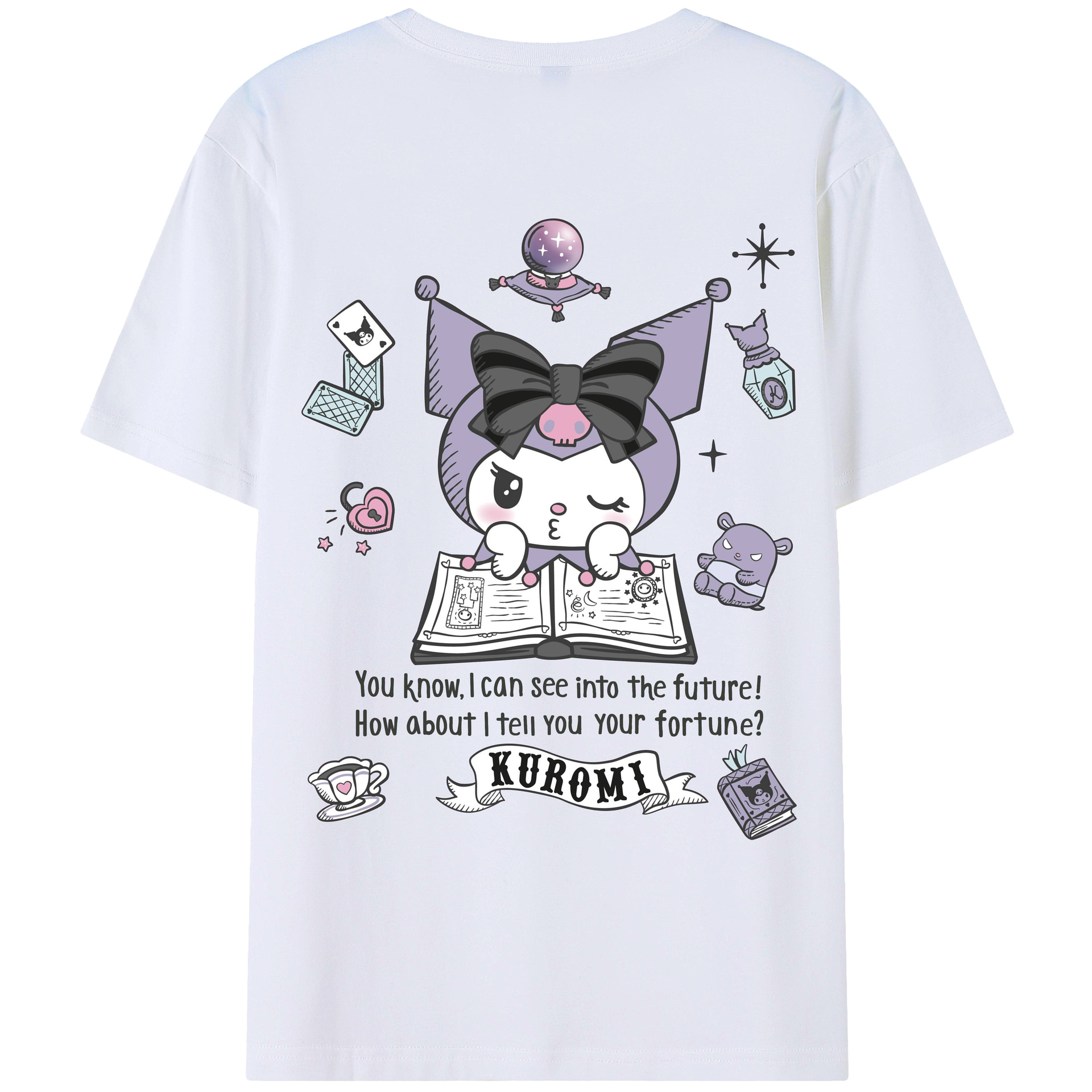 サンリオクロミ - レディース半袖Tシャツ ・ 綿100％ ・ バックプリント ・ 強化クルーネック ・ 二重折り袖口 ・ 快適 通気性 ・ フィットネス カジュアル 旅行用