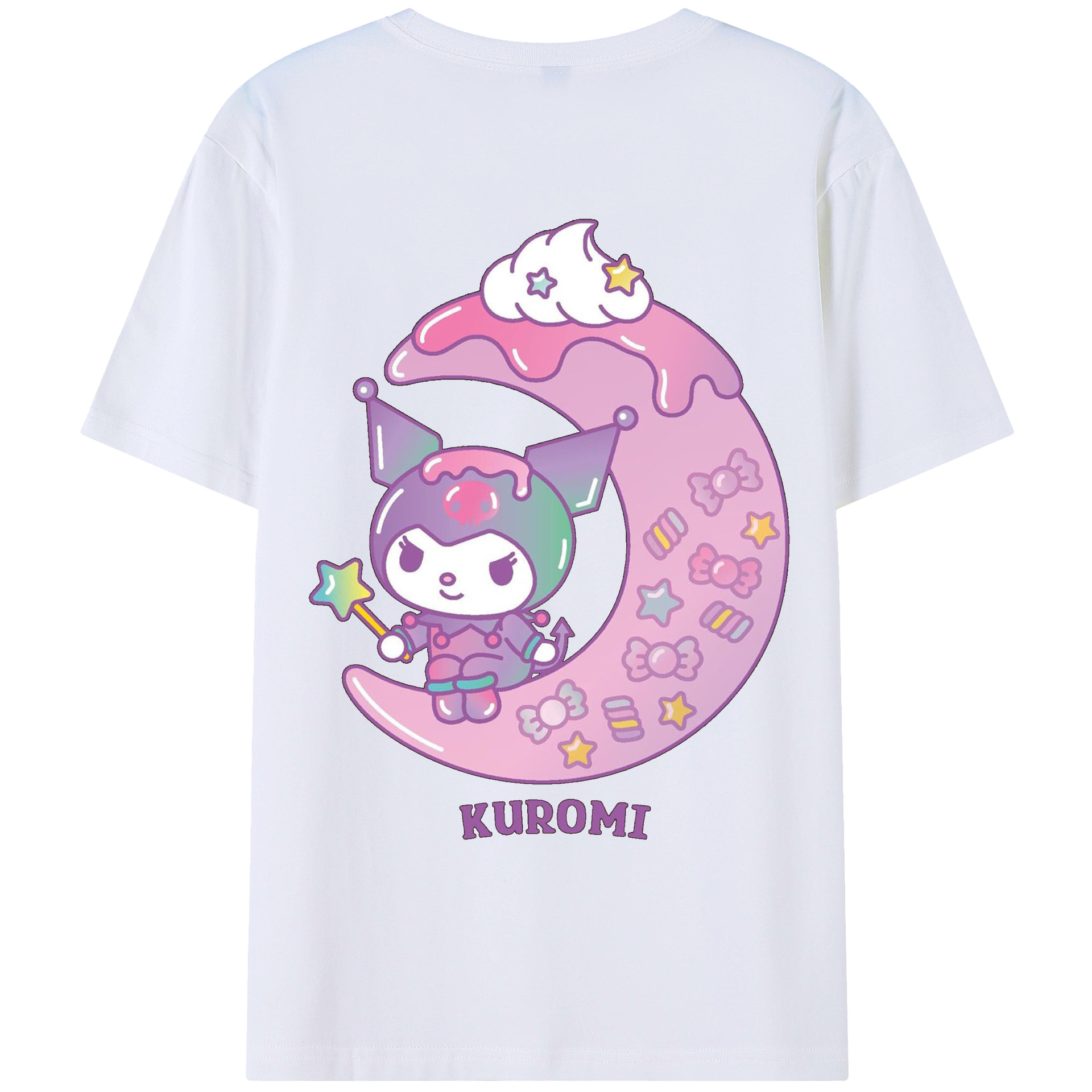 サンリオクロミ - レディース半袖Tシャツ ・ 綿100％ ・ バックプリント ・ 強化クルーネック ・ 二重折り袖口 ・ 快適 通気性 ・ フィットネス カジュアル 旅行用