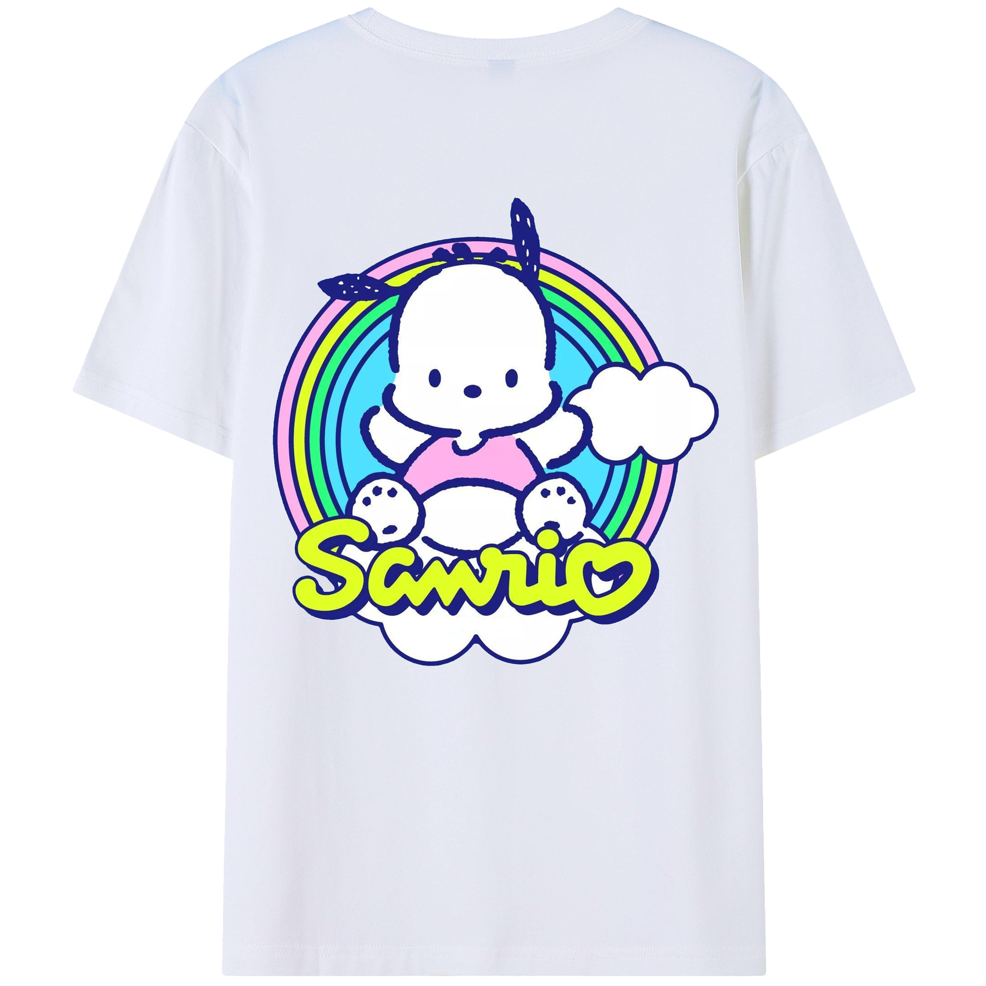 サンリオポチャッコ - レディース半袖Tシャツ ・ 綿100％ ・ バックプリント ・ 強化クルーネック ・ 二重折り袖口 ・ 快適 通気性 ・ フィットネス カジュアル 旅行用