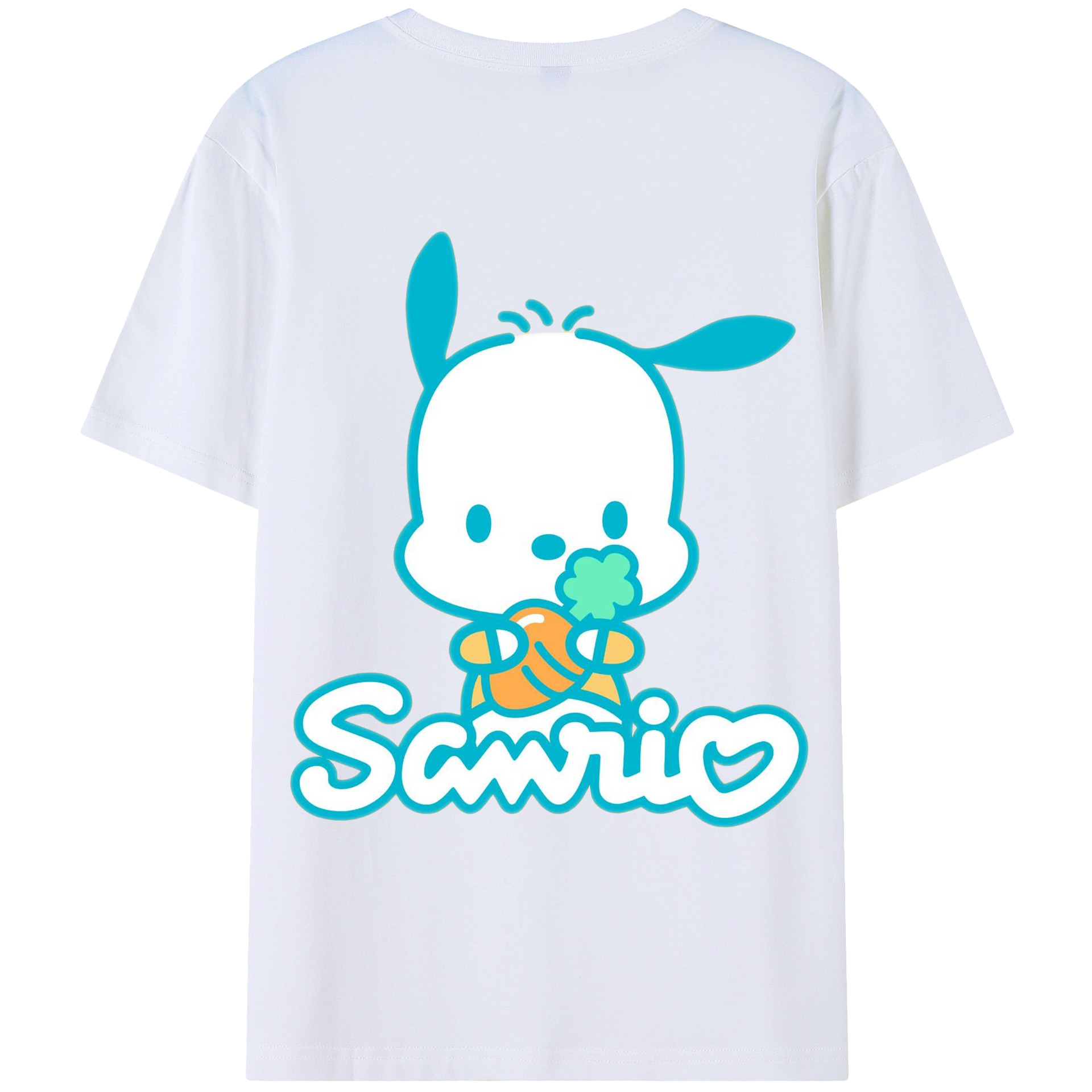 サンリオポチャッコ - レディース半袖Tシャツ ・ 綿100％ ・ バックプリント ・ 強化クルーネック ・ 二重折り袖口 ・ 快適 通気性 ・ フィットネス カジュアル 旅行用