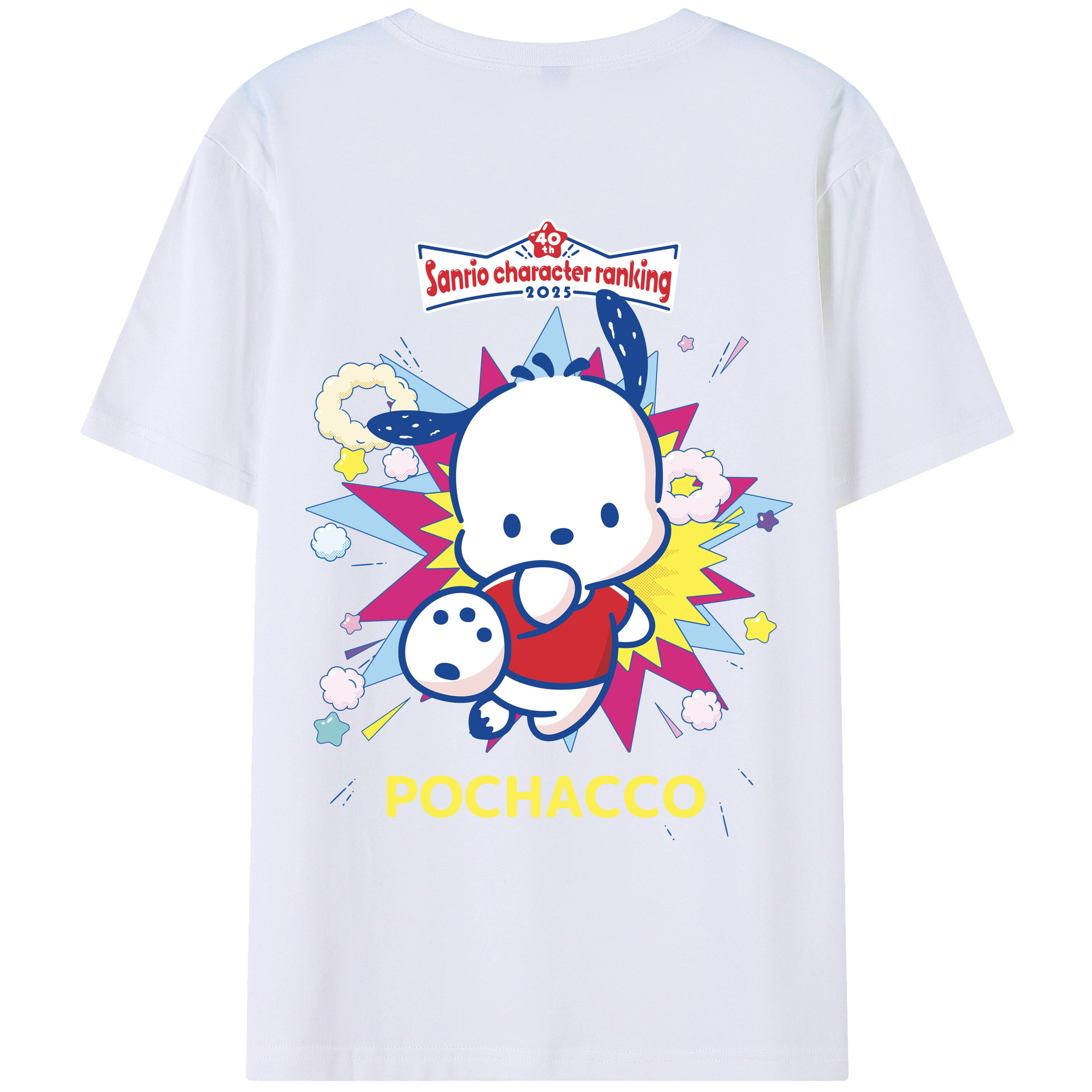 サンリオポチャッコ - レディース半袖Tシャツ ・ 綿100％ ・ バックプリント ・ 強化クルーネック ・ 二重折り袖口 ・ 快適 通気性 ・ フィットネス カジュアル 旅行用