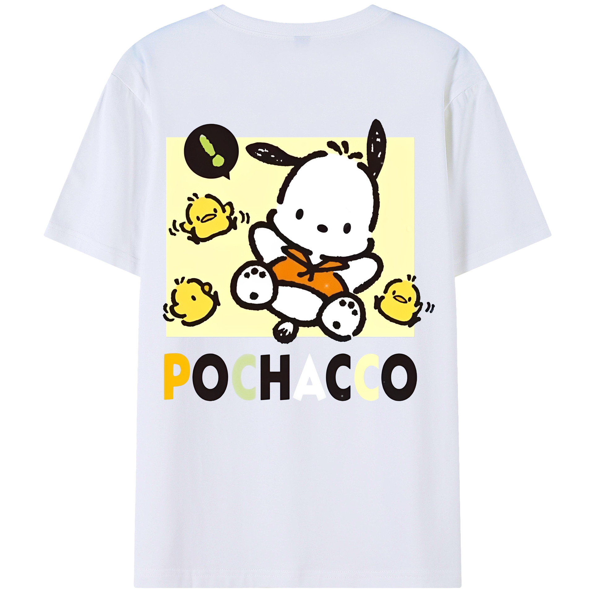 サンリオポチャッコ - レディース半袖Tシャツ ・ 綿100％ ・ バックプリント ・ 強化クルーネック ・ 二重折り袖口 ・ 快適 通気性 ・ フィットネス カジュアル 旅行用