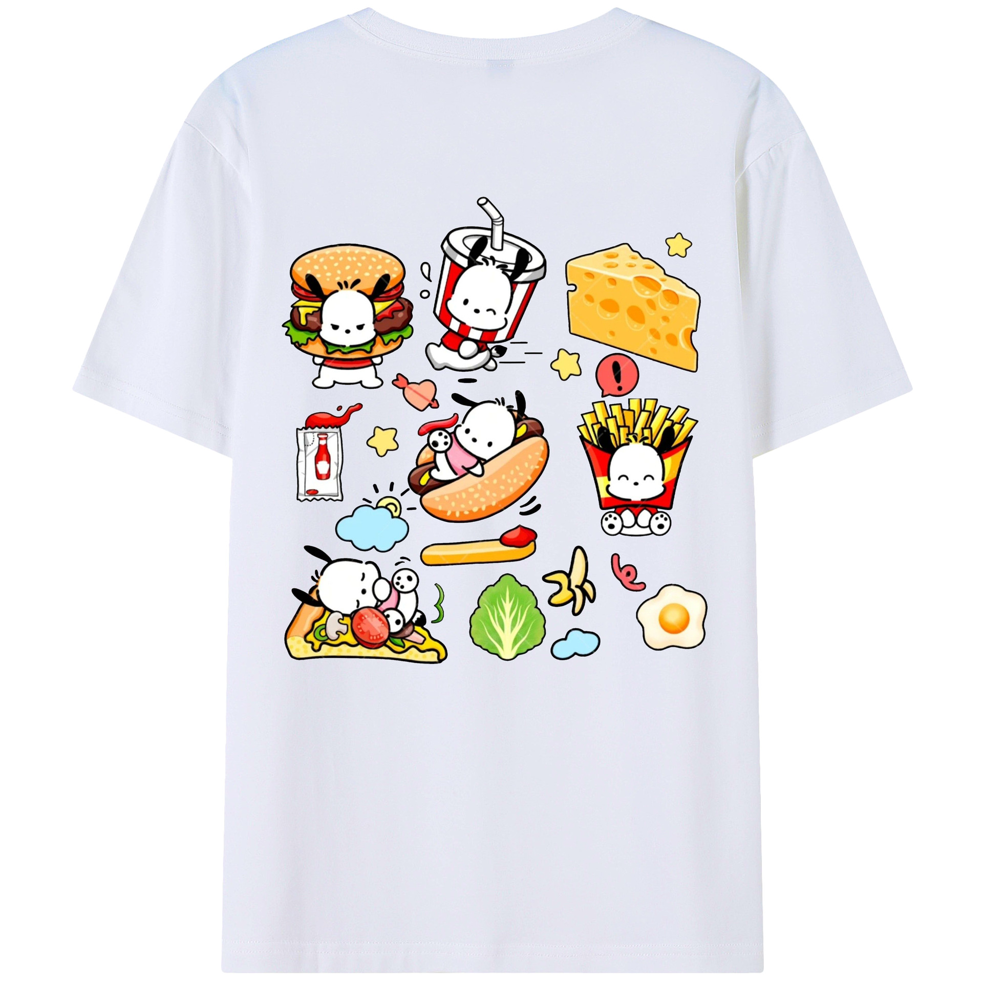 ハンバーガーパッチャコ - レディース半袖Tシャツ ・ 綿100％ ・ バックプリント ・ 強化クルーネック ・ 二重折り袖口 ・ 快適 通気性 ・ フィットネス カジュアル 旅行用