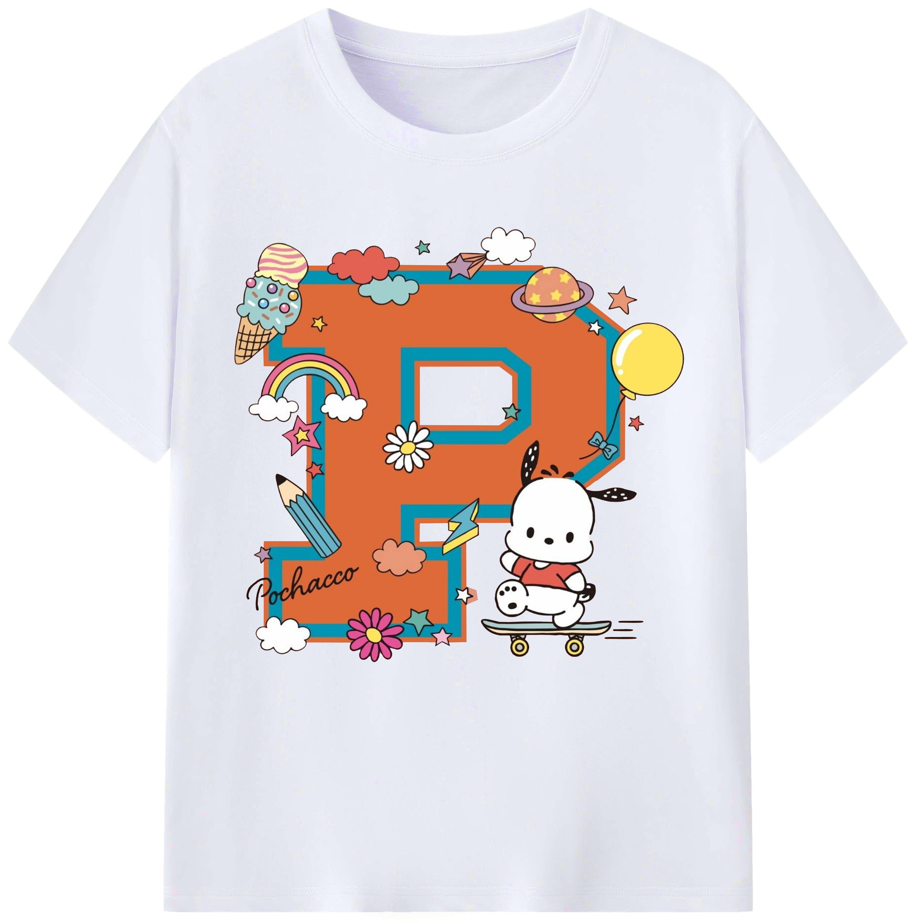 サンリオポチャッコ - レディースカジュアルプリントTシャツ ・ 綿100％ ・ クルーネック ・ フロントプリント ・ 柔らかく快適 ・ フィットネス カジュアル 旅行用