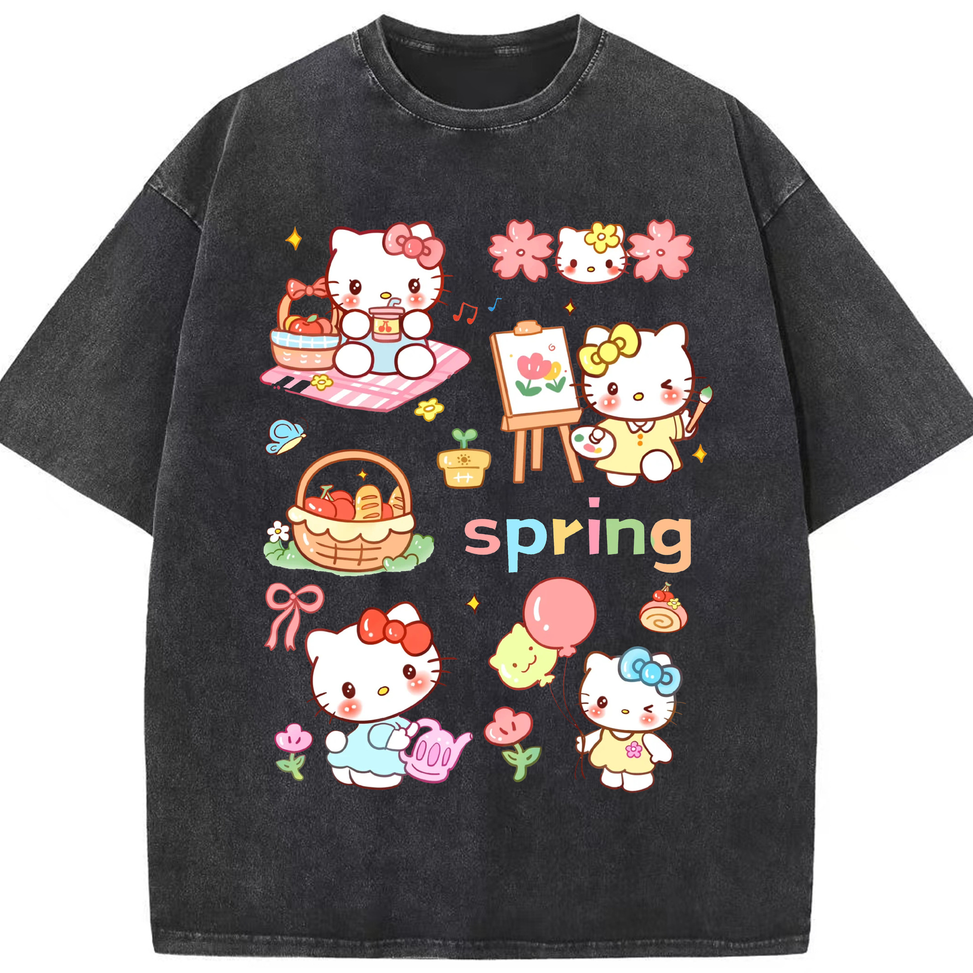 とびきりキュートなハローキティ - 綿100％ ヴィンテージ風 半袖Tシャツ ・ フロントプリント ・ 柔らか肌触り ・ 通気性 快適 ・ スポーツ カジュアル 外出用