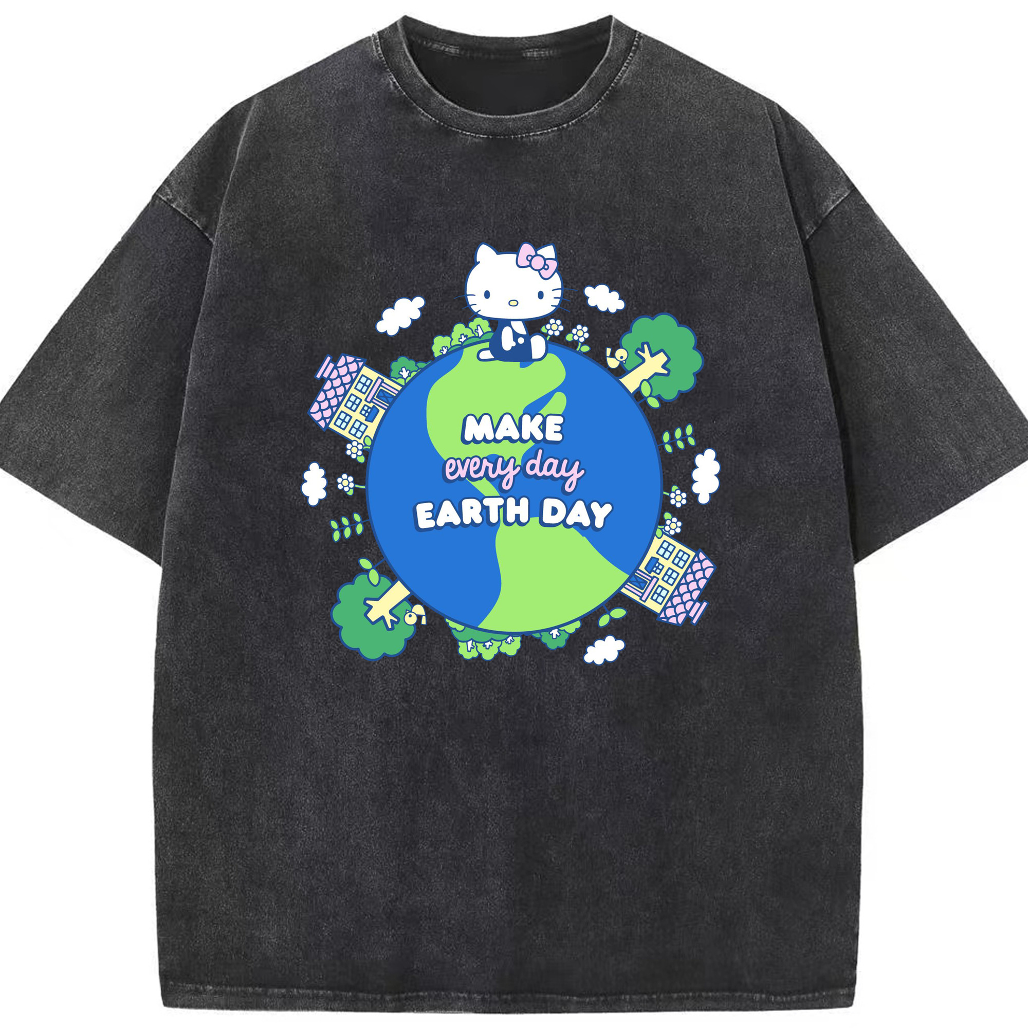 環境にやさしいハローキティ - 綿100％ ヴィンテージ風 半袖Tシャツ ・ フロントプリント ・ 柔らか肌触り ・ 通気性 快適 ・ スポーツ カジュアル 外出用