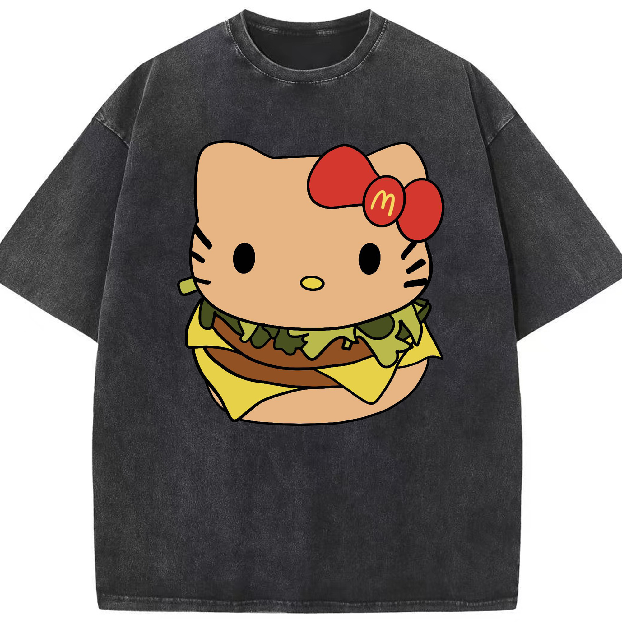 ハンバーガーモチーフのハローキティ - 綿100％ ヴィンテージ風 半袖Tシャツ ・ フロントプリント ・ 柔らか肌触り ・ 通気性 快適 ・ スポーツ カジュアル 外出用