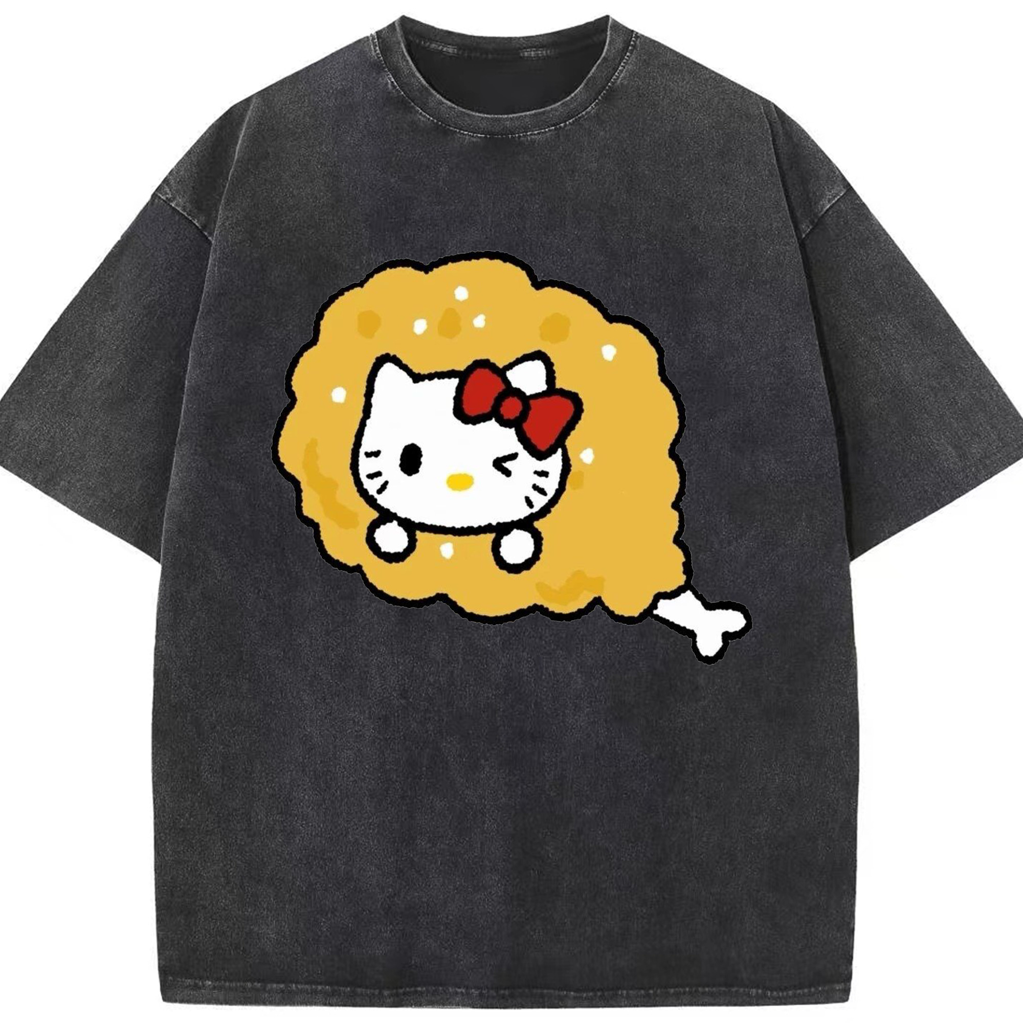 チキンになったハローキティ - 綿100％ ヴィンテージ風 半袖Tシャツ ・ フロントプリント ・ 柔らか肌触り ・ 通気性 快適 ・ スポーツ カジュアル 外出用