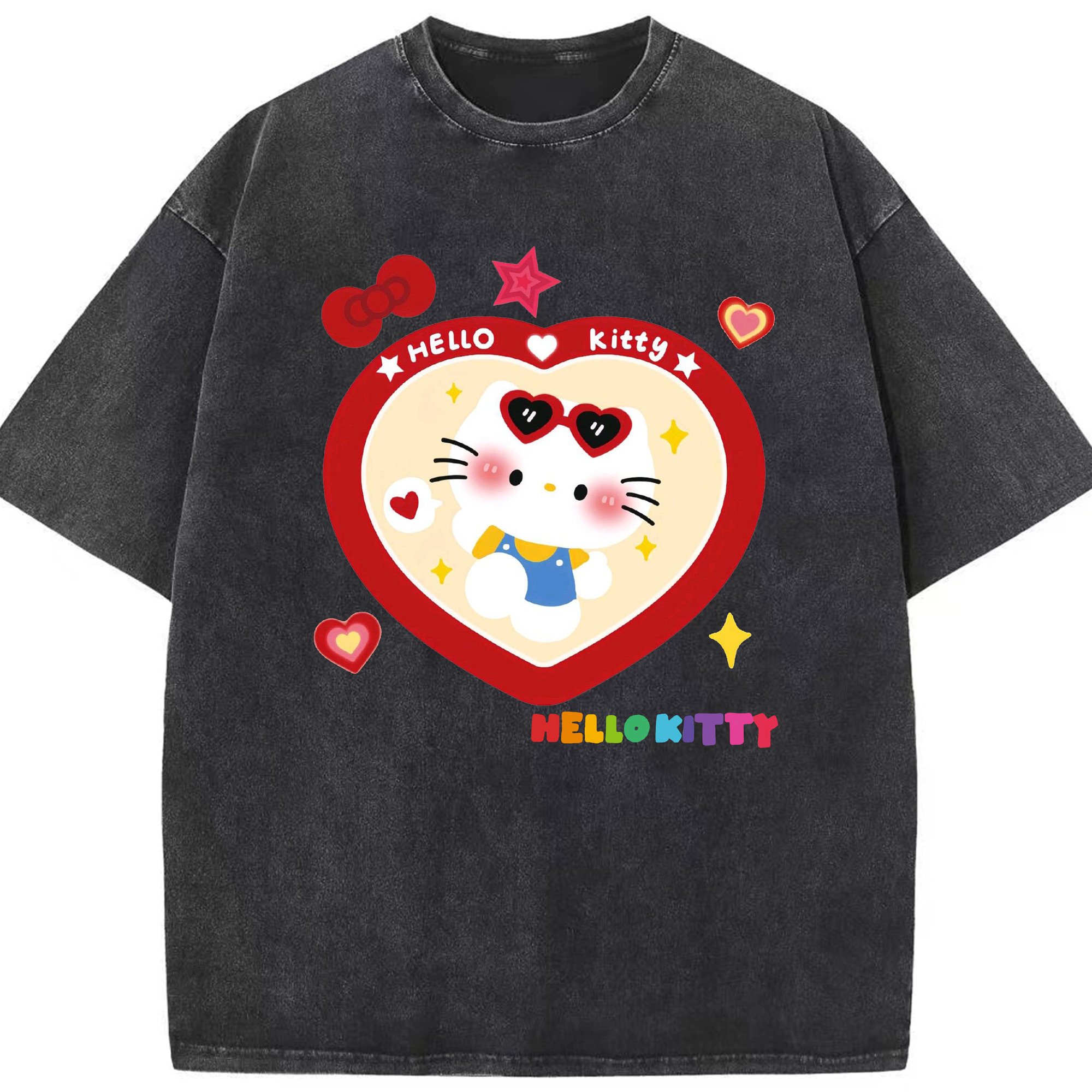 とびきりキュートなハローキティ - 綿100％ ヴィンテージ風 半袖Tシャツ ・ フロントプリント ・ 柔らか肌触り ・ 通気性 快適 ・ スポーツ カジュアル 外出用