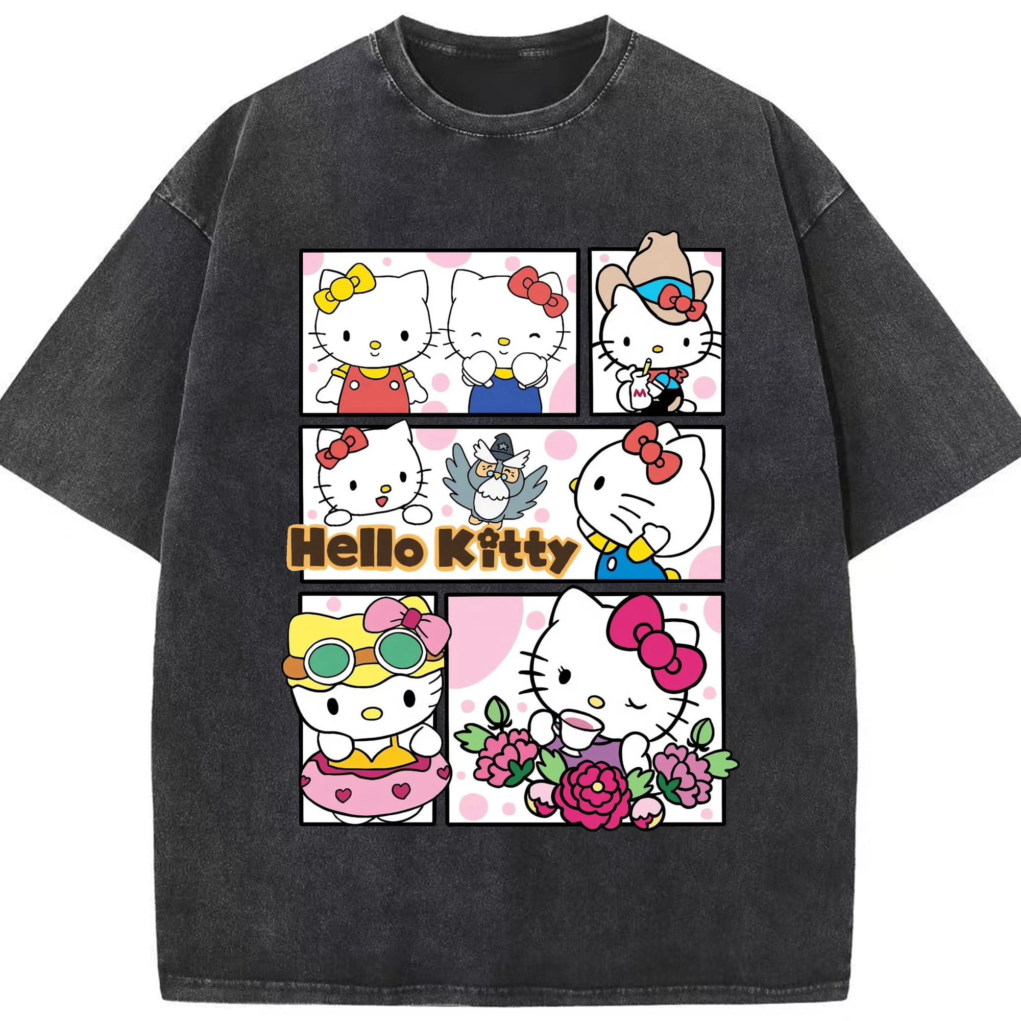 かわいいハローキティ - 綿100％ ヴィンテージ風 半袖Tシャツ ・ フロントプリント ・ 柔らか肌触り ・ 通気性 快適 ・ スポーツ カジュアル 外出用
